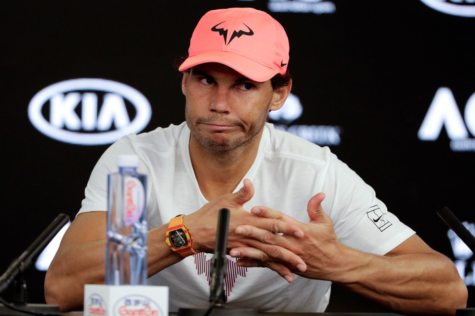 Rafael Nadal answers questions at a press conference.