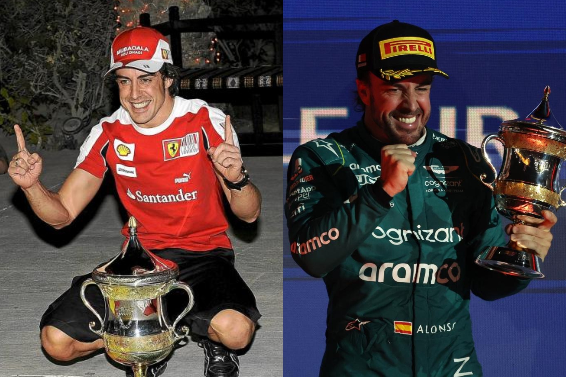Alonso con el trofeo del podio en 2010 y 2023.