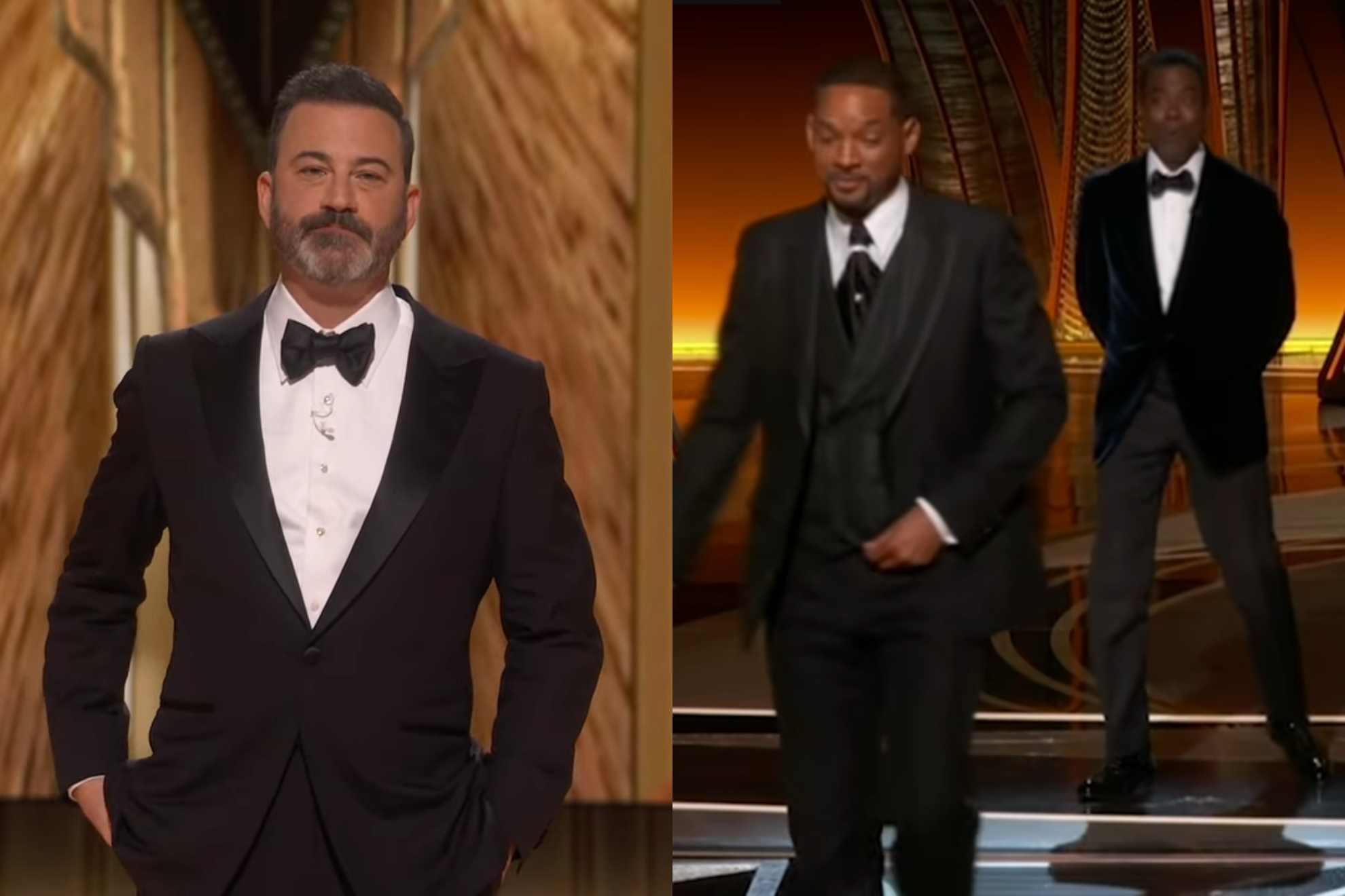 Jimmy Kimmel (left) during his Oscars 2023 opening speech. Will Smith and Chris Rock (right) after the infamous 'The Slap'.