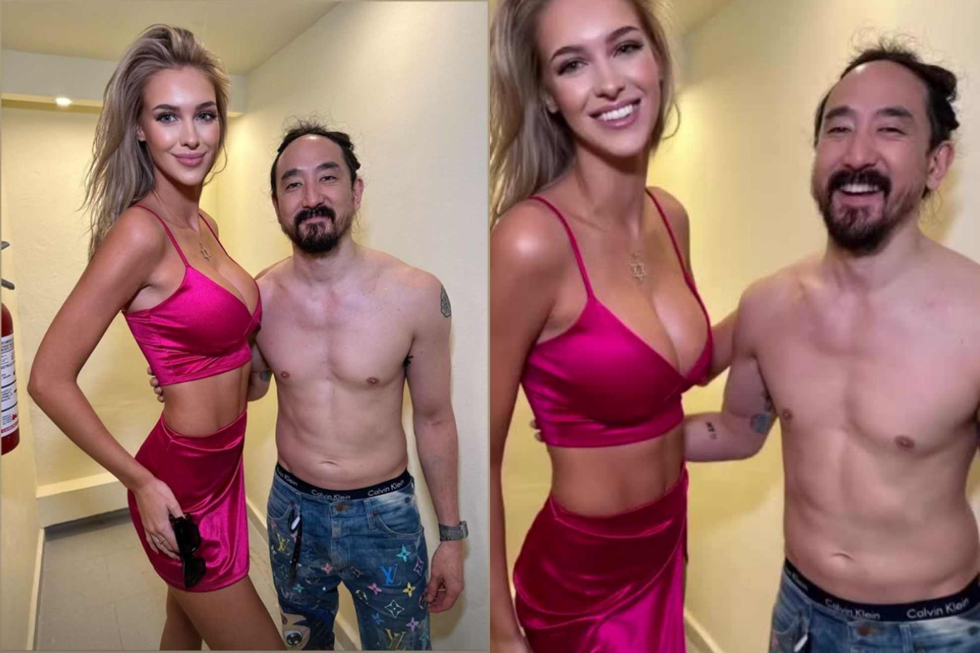 Veronika Rajek, left, and Steve Aoki pose together after the EDM star's concert in Cancun, Mexico.