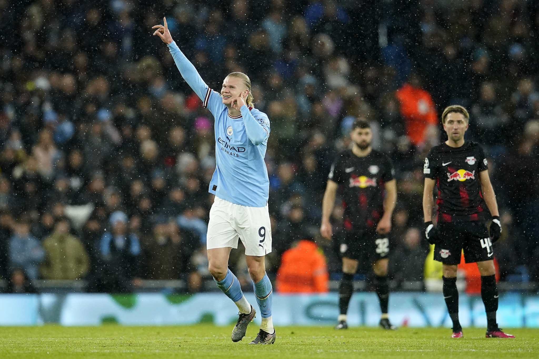 Manchester City's Erling  lt;HIT gt;Haaland lt;/HIT gt; celebrates after he scored the second goal during the Champions League round of 16 second leg soccer match between Manchester City and RB Leipzig at the Etihad stadium in Manchester, England, Tuesday, March 14, 2023. (AP Photo/Dave Thompson)