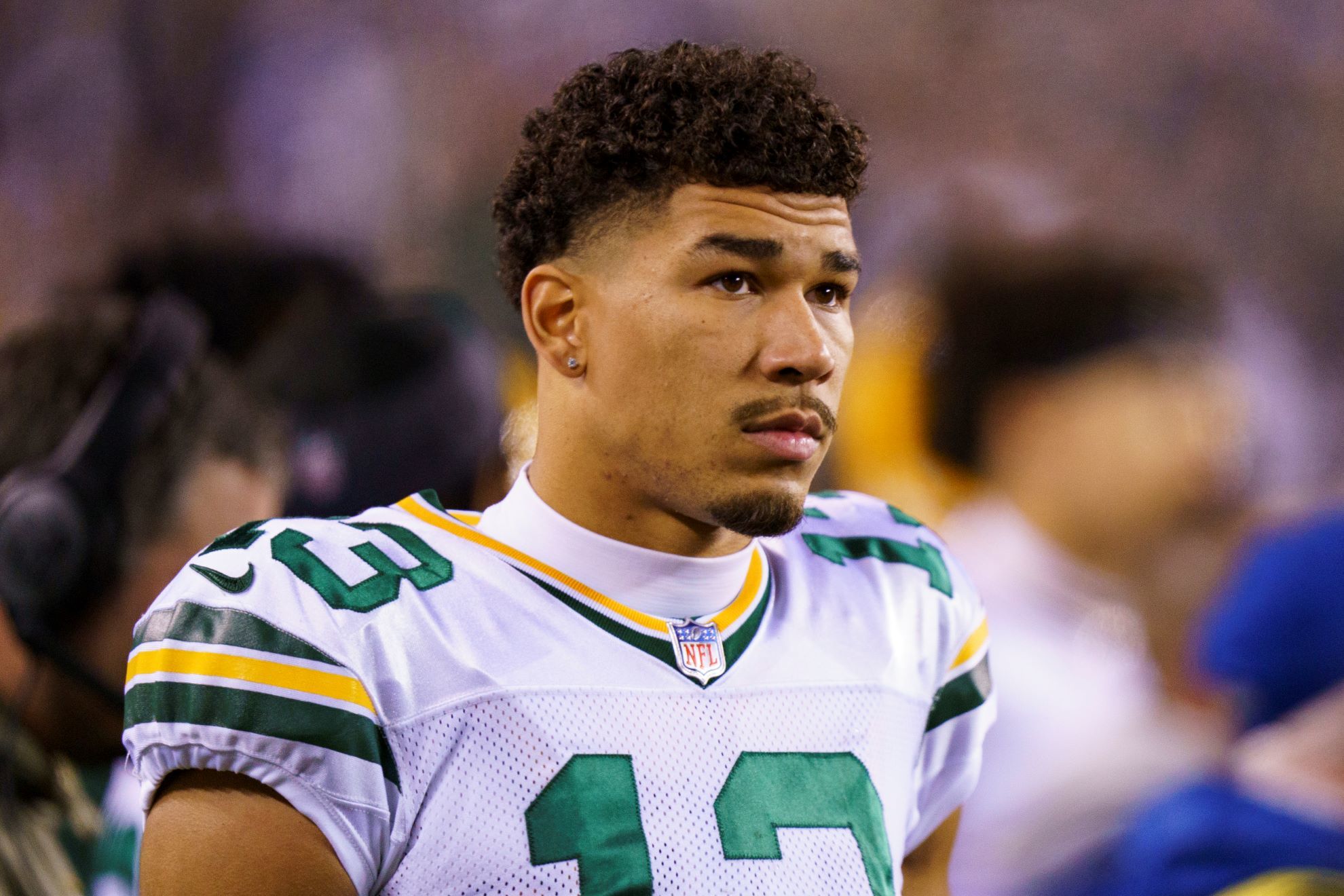 Green Bay Packers wide receiver Allen Lazard (13) looks on during an NFL football game.