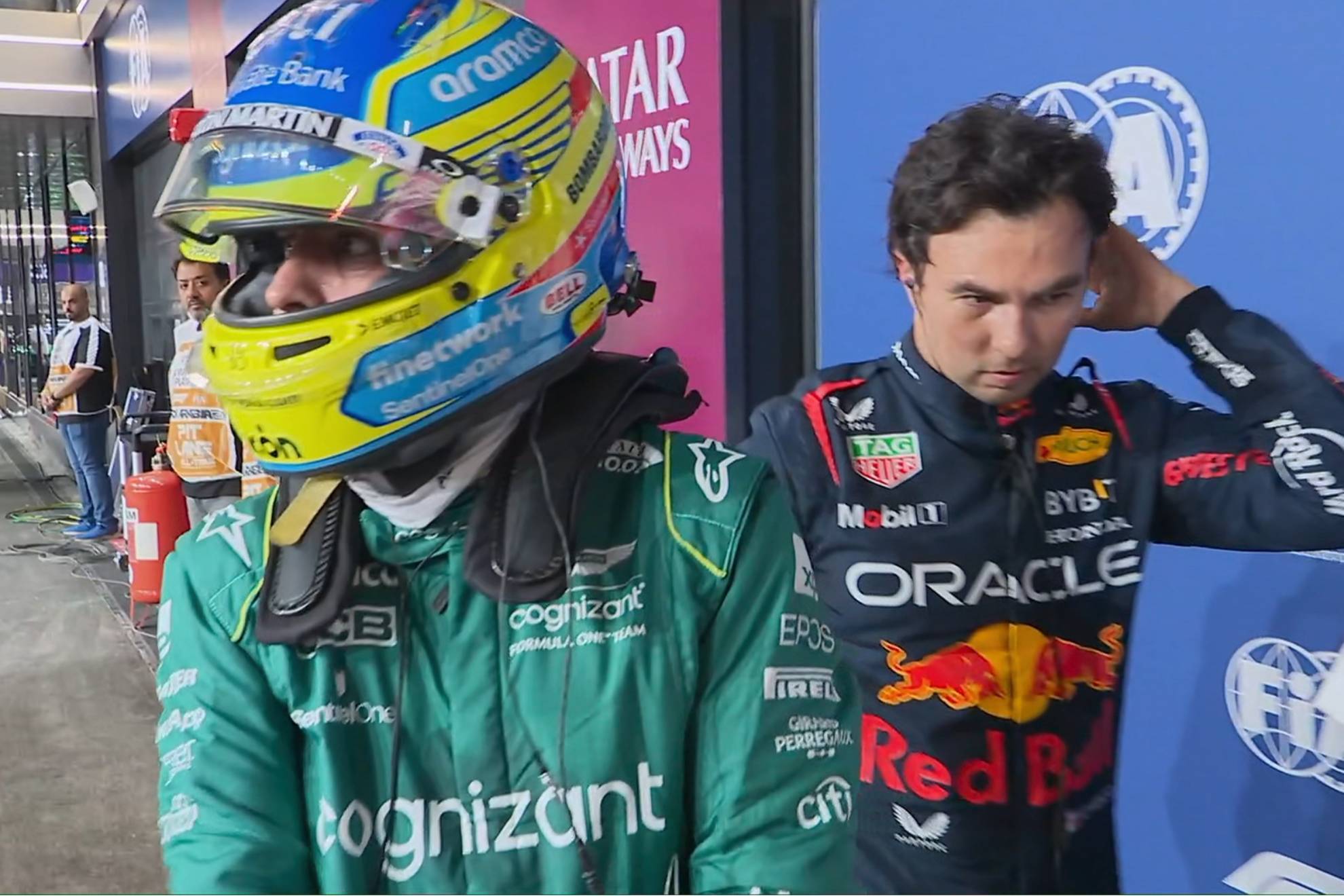Alonso celebra el segundo puesto en parrilla con Checo Pérez, poleman.