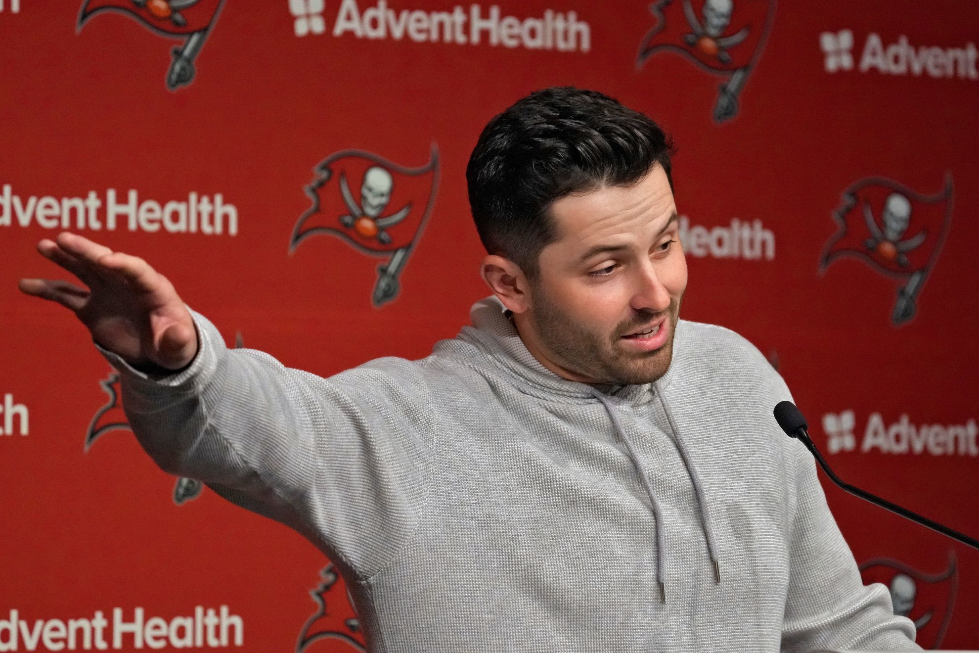 Baker Mayfield holds first press conference as quarterback of Buccaneers