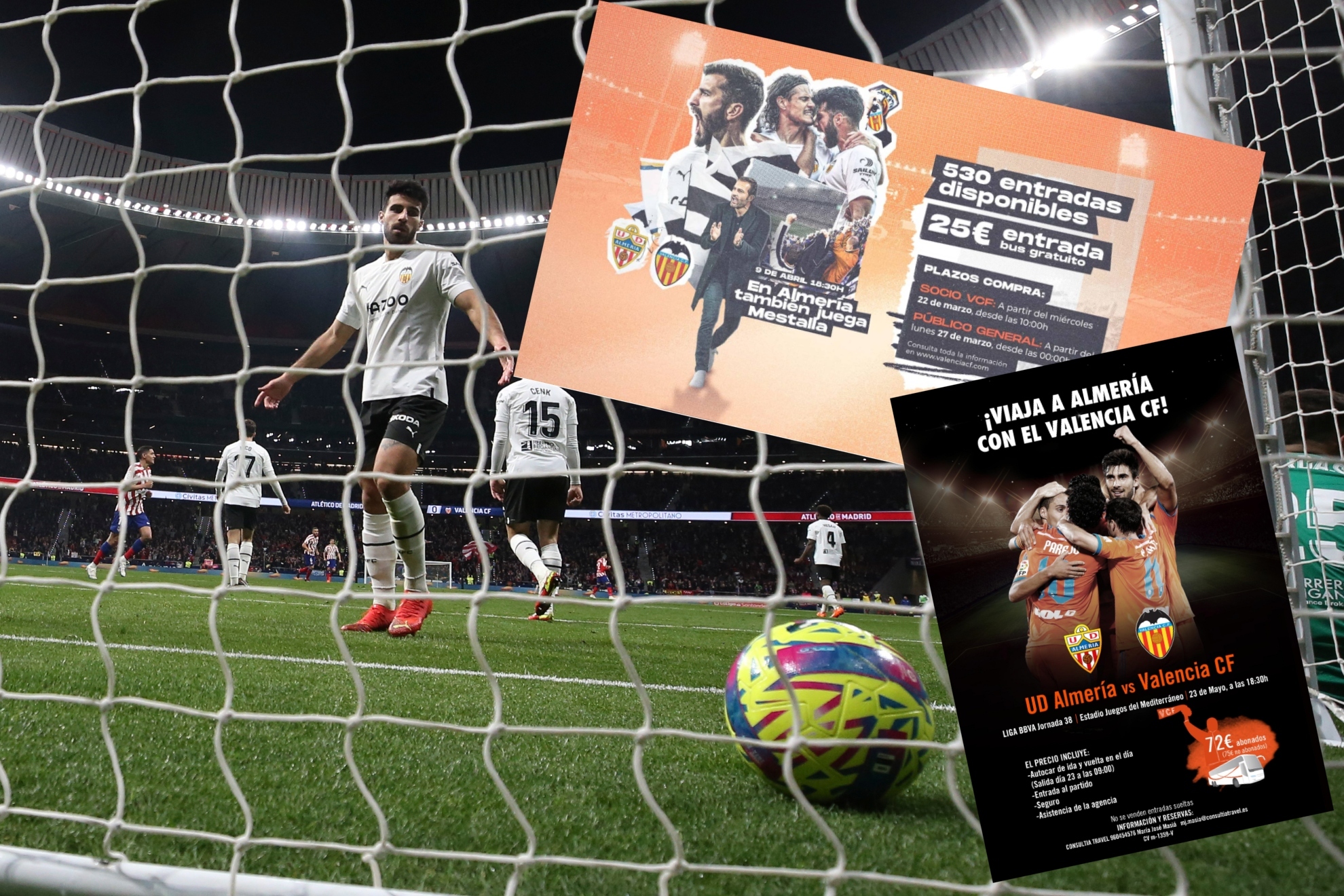 Los dos carteles del Valencia (2023 y 2015) del viaje a Almería sobre una foto del partido contra el Atlético. | CHEMA REY