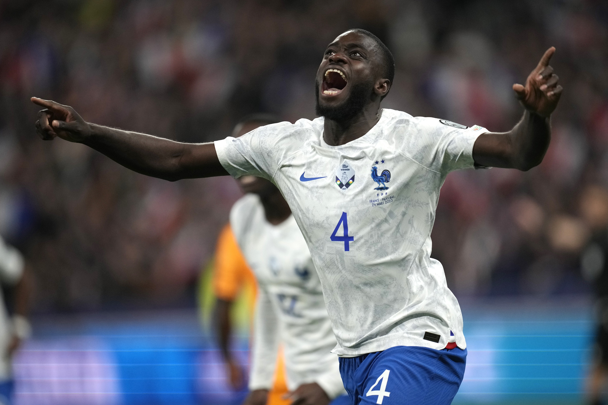  lt;HIT gt;France lt;/HIT gt;'s Dato Upamecano celebrates after scoring his side's second goal during the Euro 2024 group B qualifying soccer match between  lt;HIT gt;France lt;/HIT gt; and the Netherlands at the Stade de  lt;HIT gt;France lt;/HIT gt; in Saint Denis, outside Paris,  lt;HIT gt;France lt;/HIT gt;, Friday, March 24, 2023. (AP Photo/Christophe Ena)