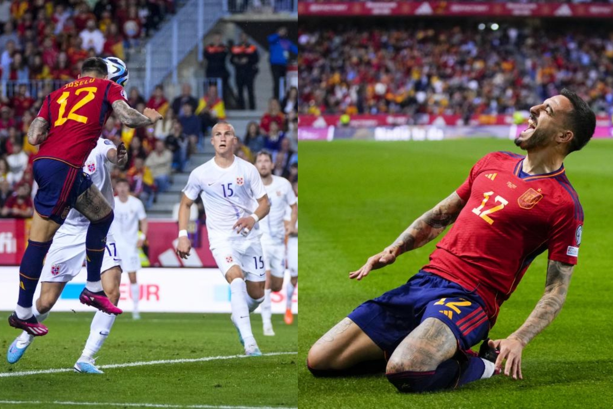 Un montaje con imágenes de Joselu durante el partido con España.