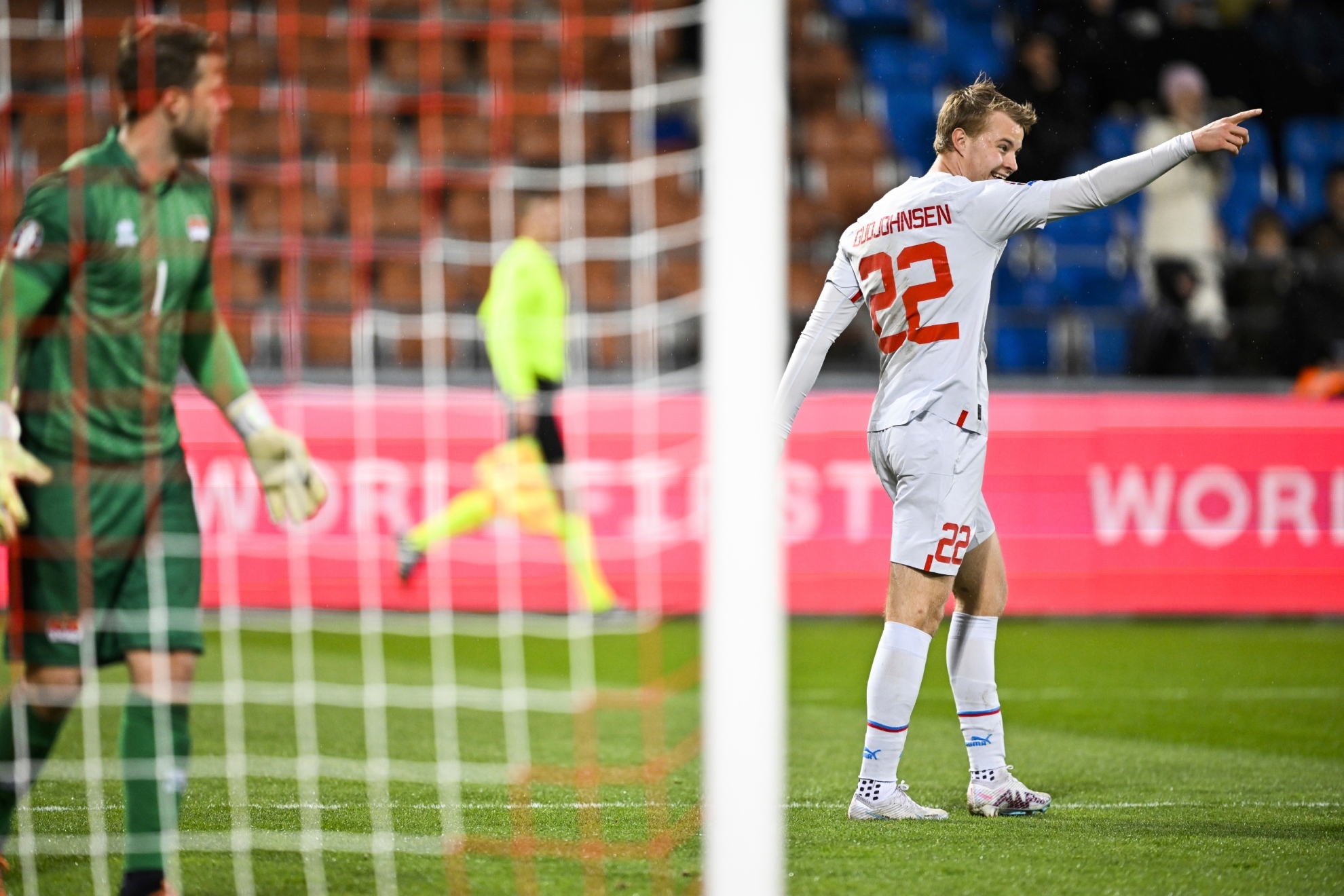 Andri Gudjohnsen celebra su gol contra Liechtenstein.