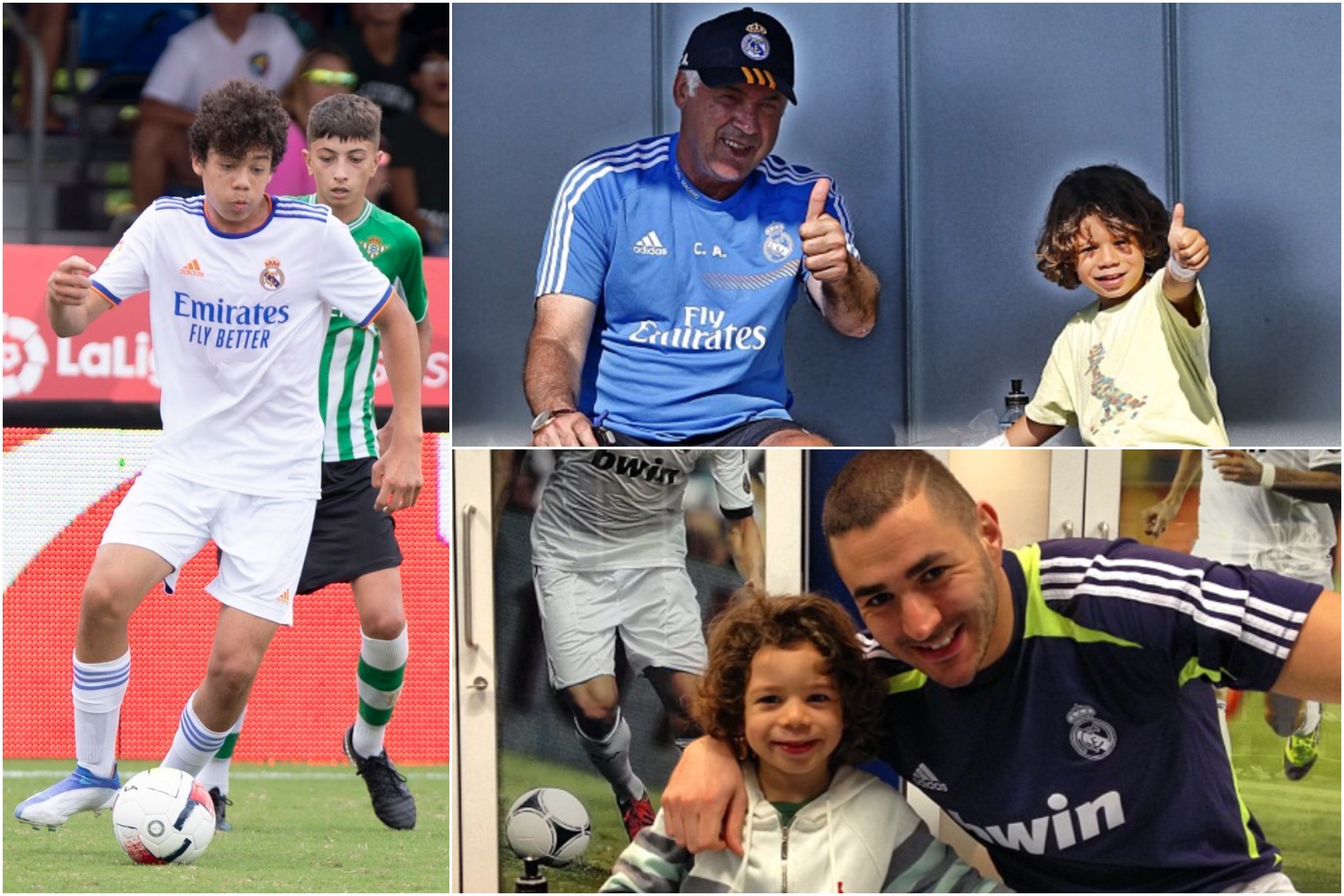 Enzo Alves, en la actualidad como jugador del Infantil  A del Real Madrid y de pequeño con Ancelotti y Benzema.