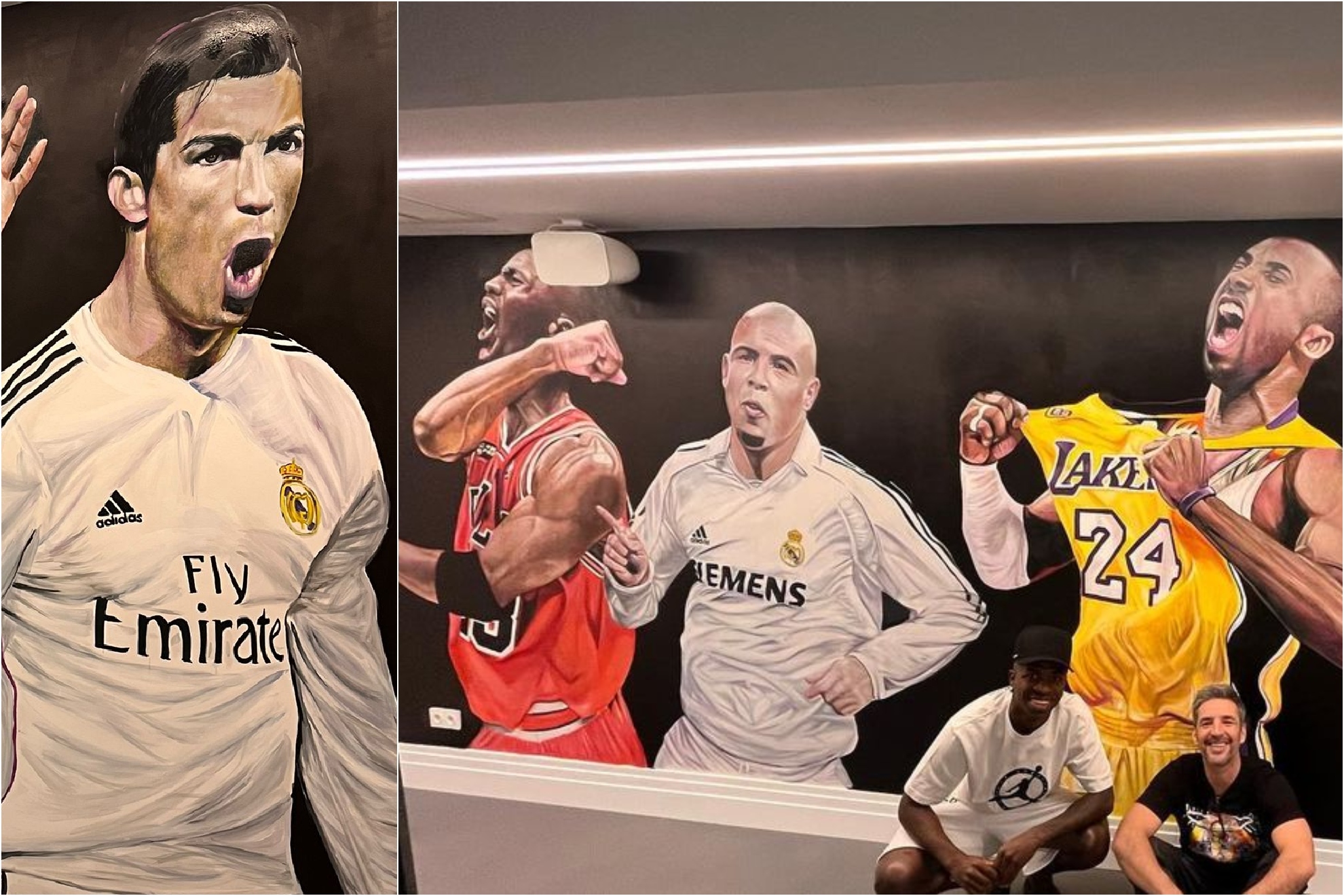 Dos estampas del 'Idol Wall' con Cristiano, Jordan, Ronaldo y Kobe, y Vinicius y Mäkelä posando.
