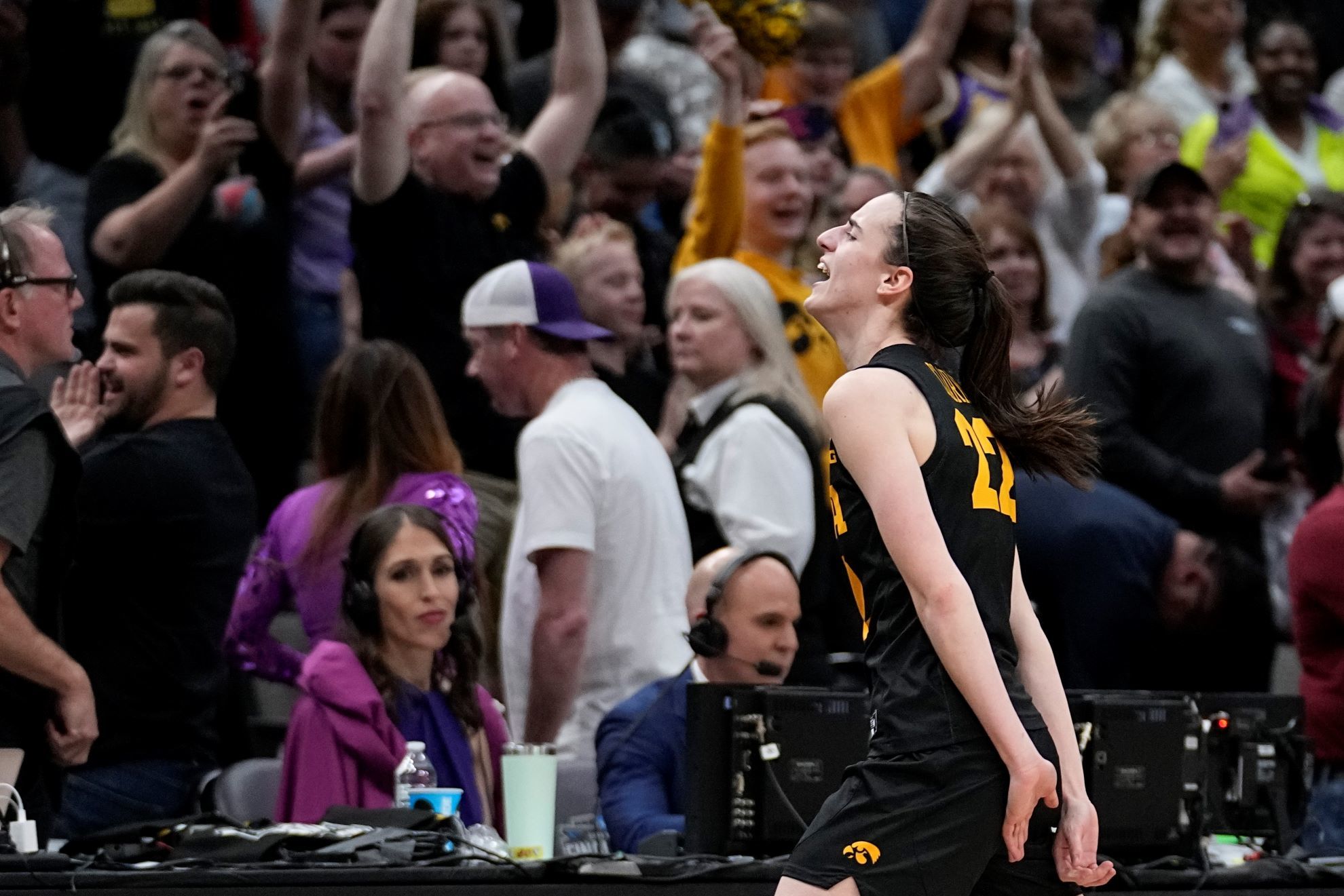 Iowa's Caitlin Clark reacts after the second half of an NCAA Women's Final Four semifinals basketball game.