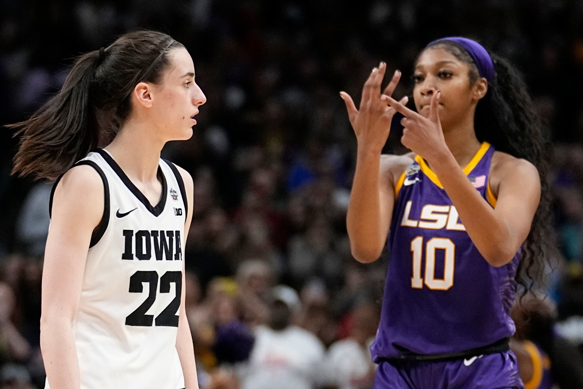 LSU forward Angel Reese taunts Iowa guard Caitlin Clark in final seconds of National Championship