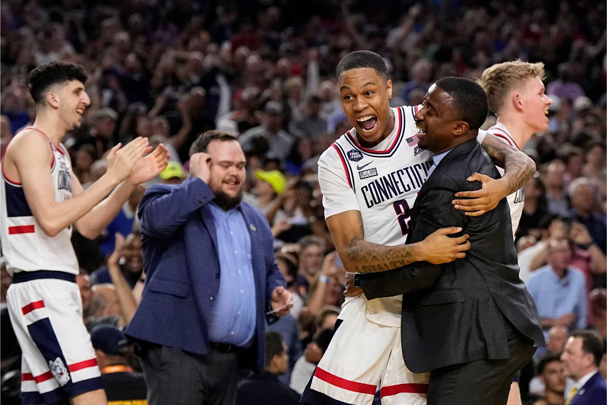 Connecticut guard Jordan Hawkins celebrates after the men's national championship college basketball game against San Diego State in the NCAA Tournament.