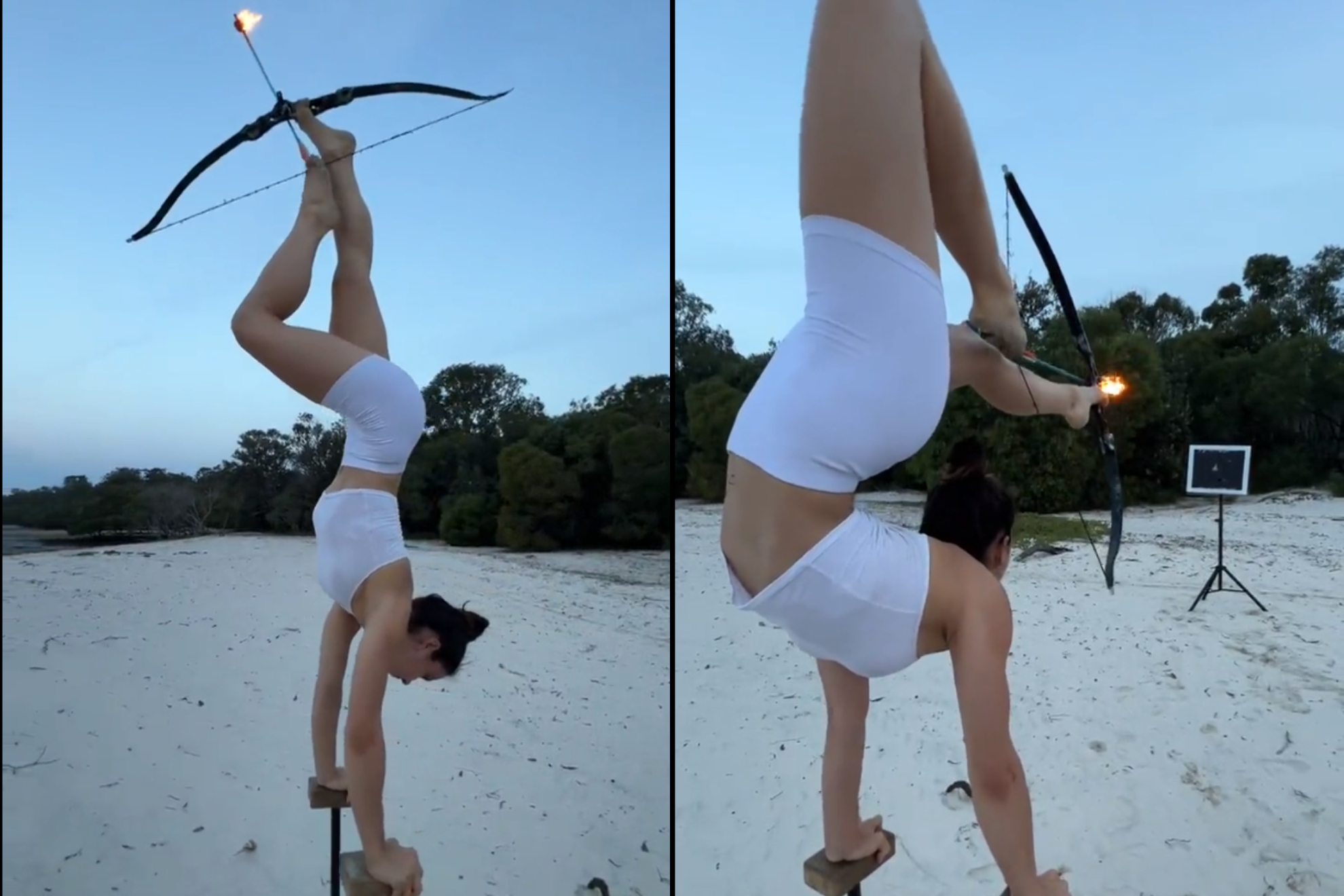 El reto (im)posible de una gimnasta: tiro con arco con los pies y haciendo el pino!