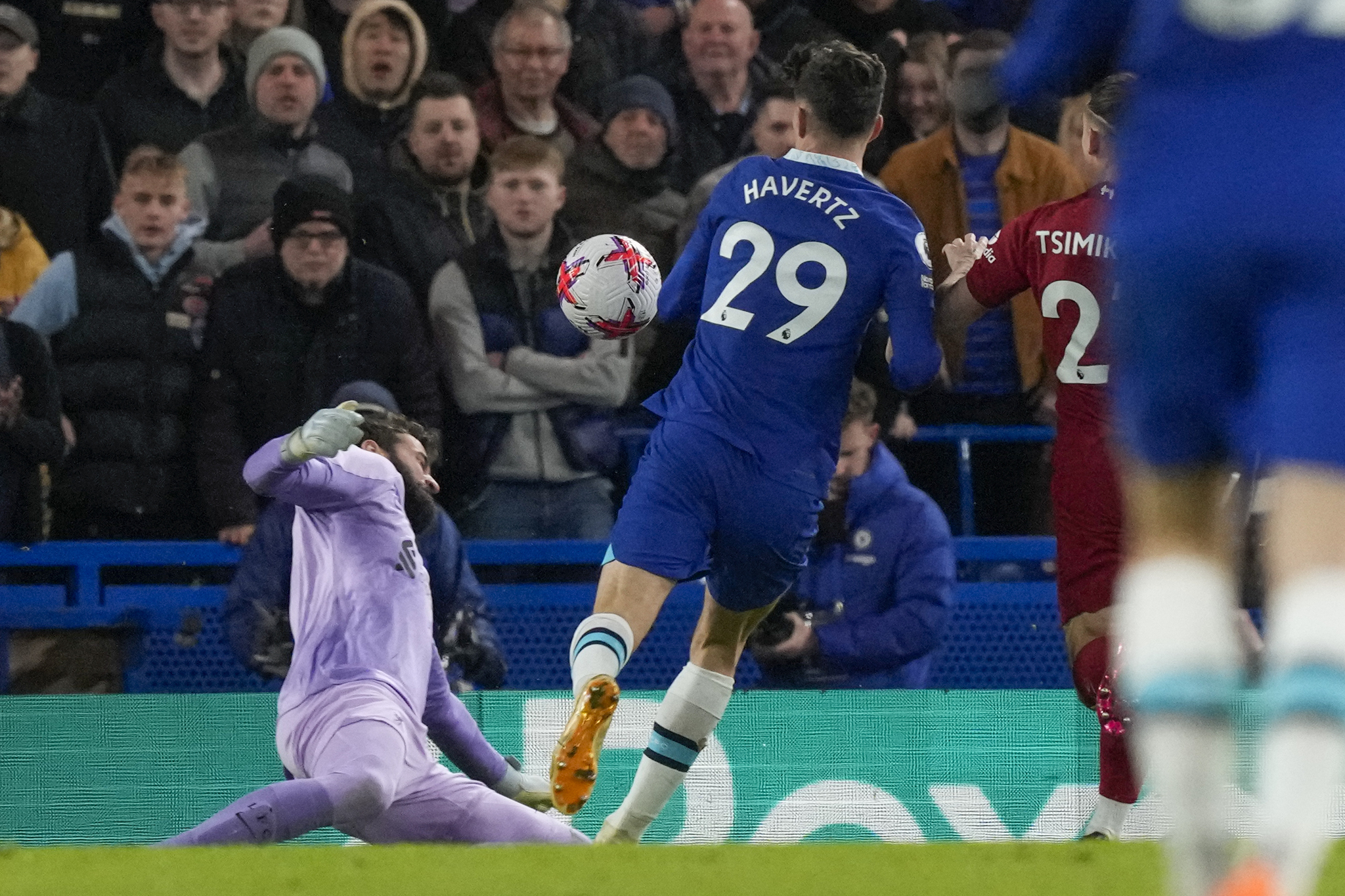  lt;HIT gt;Chelsea lt;/HIT gt;'s Kai Havertz, center, scores a disallowed goal during the English Premier League soccer match between  lt;HIT gt;Chelsea lt;/HIT gt; and Liverpool at Stamford Bridge stadium in London, Tuesday, April 4, 2023. (AP Photo/Frank Augstein)