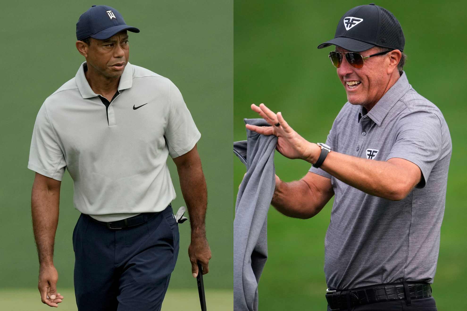 Tiger Woods (left) and Phil Mickelson (right), practice at Augusta ahead of the 2023 Masters.