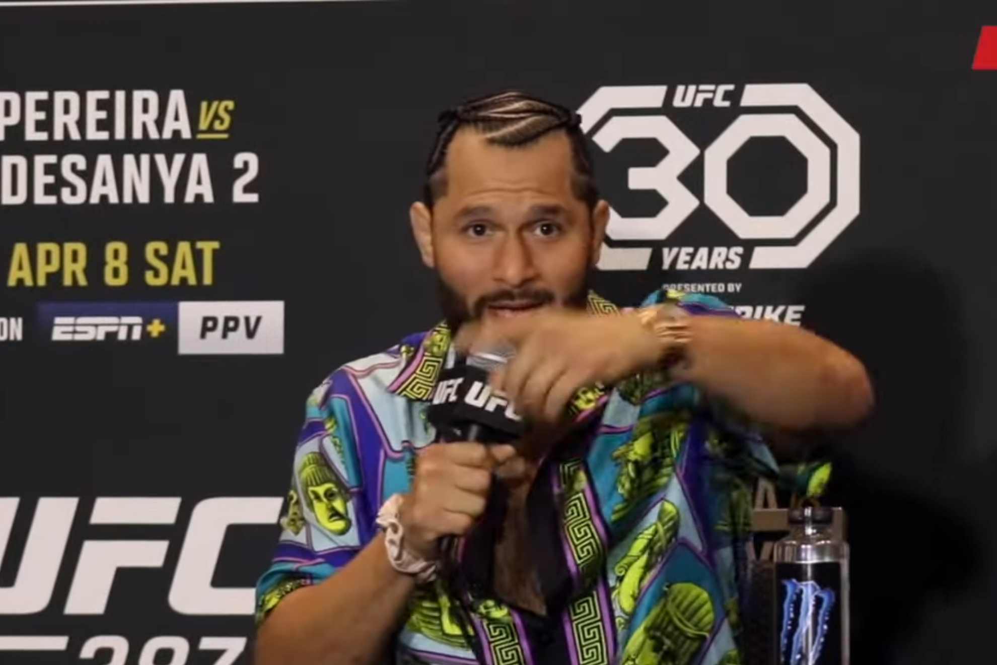 Jorge Masvidal speaks to reporters ahead of UFC 287 in his native Miami, FL.