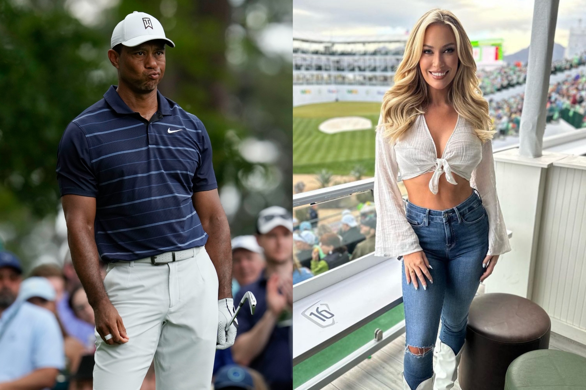 Mashup image of Paige Spiranac and Tiger Woods