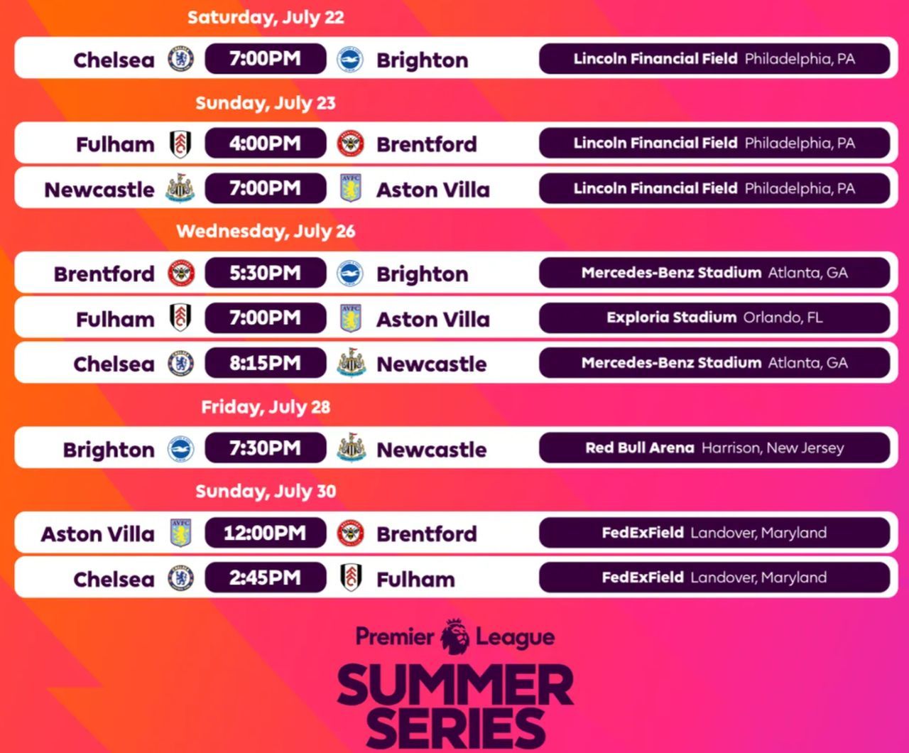Série d'été : La Premier League annonce une tournée de six clubs aux États-Unis