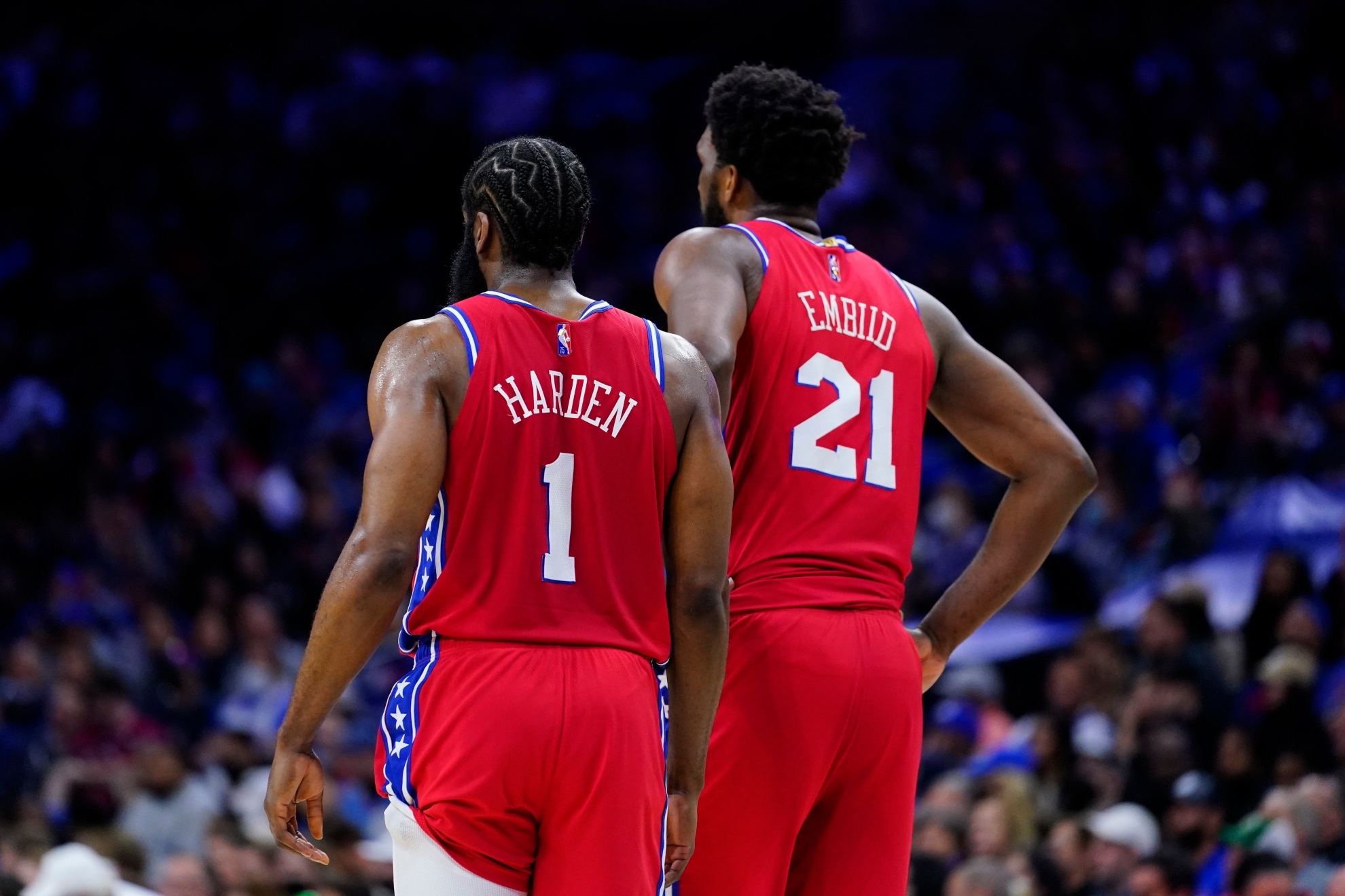 James Harden and Joel Embiid during a Sixers game.