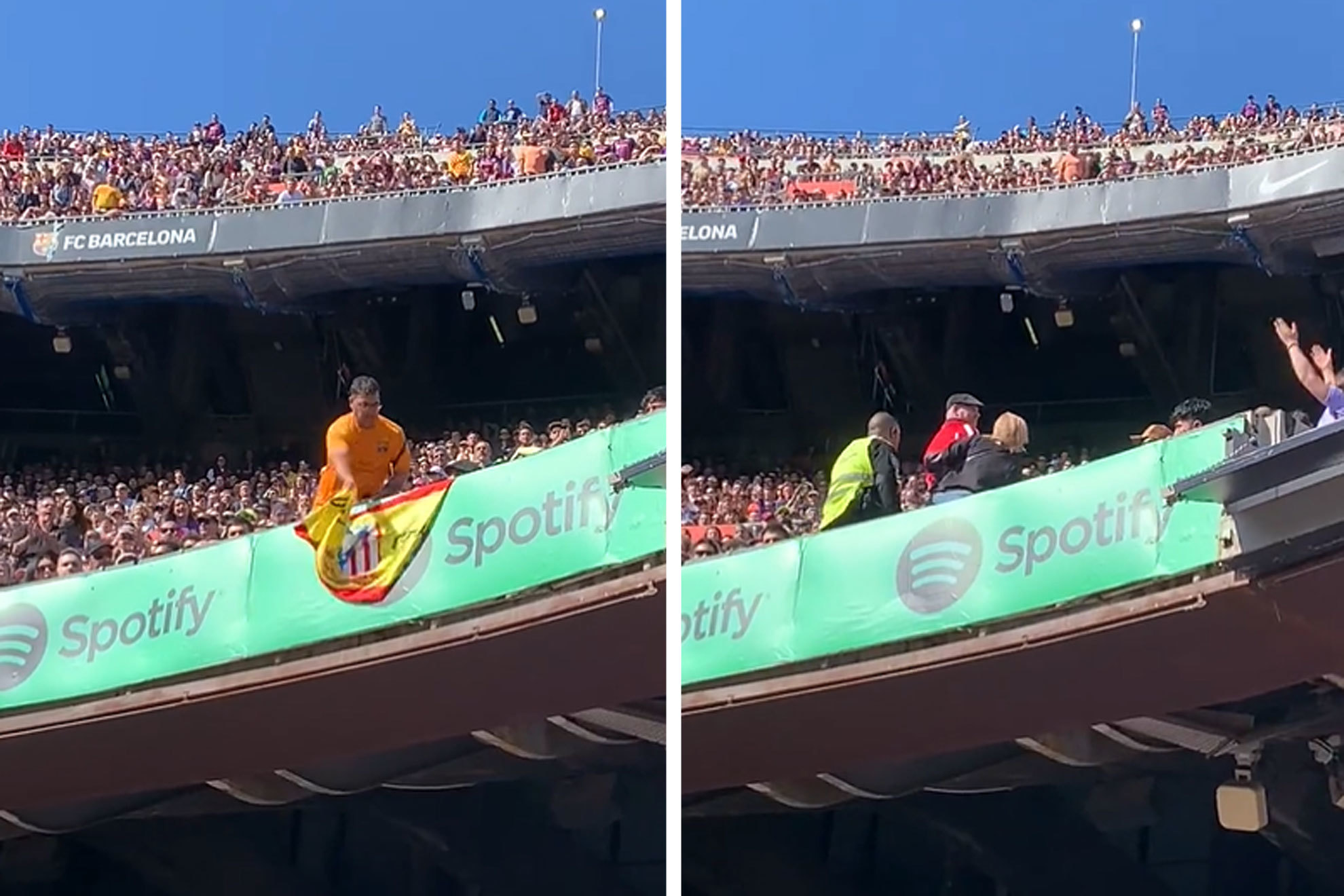 Echan del Camp Nou a un aficionado del Atleti por lucir una bandera rojiblanca (y rojigualda)