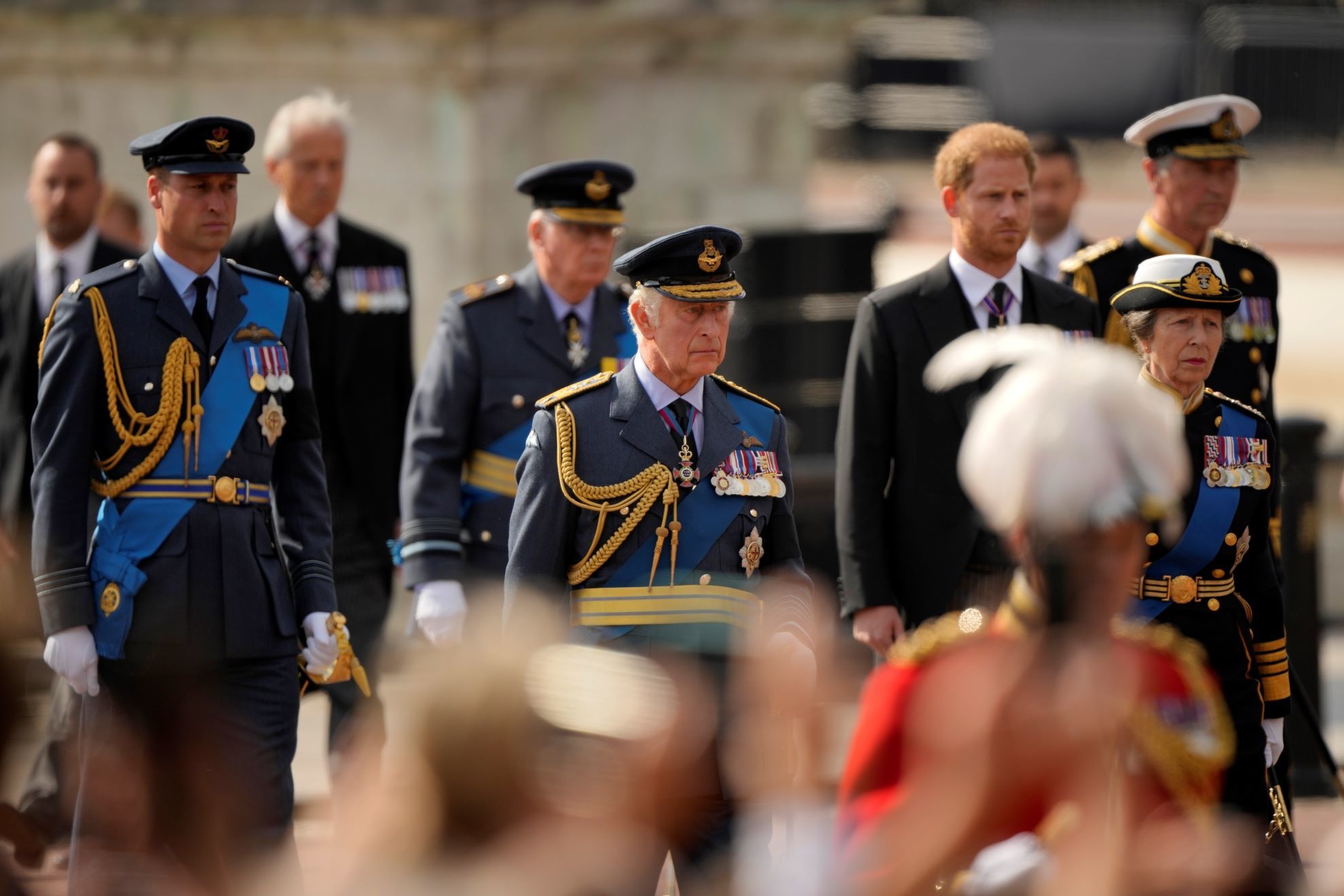 King Charles III and other members of Royal family follow the coffin of Queen Elizabeth II.