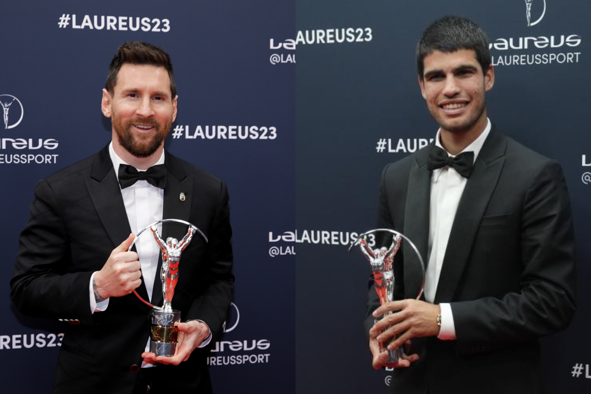 Leo Messi y Carlos Alcaraz, con las estatuillas.