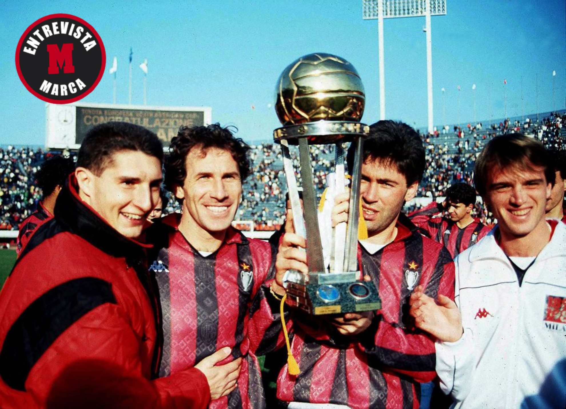 En la foto, Daniele Massaro, Franco Baresi, Carlo Ancelotti y Stefano Carobbi.