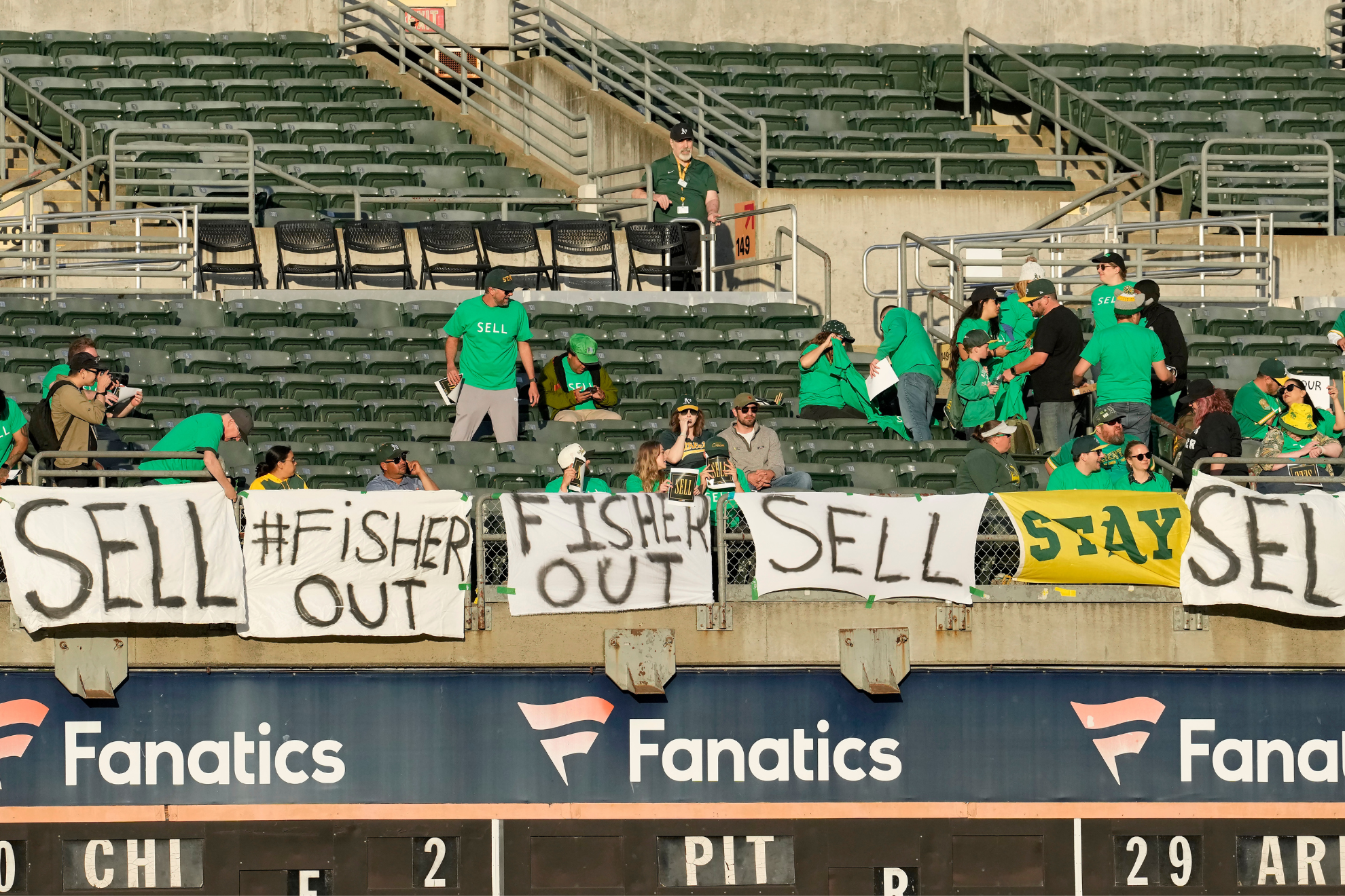 As fans demanding owner John Fisher to sell the team, in hopes it remains in Oakland.