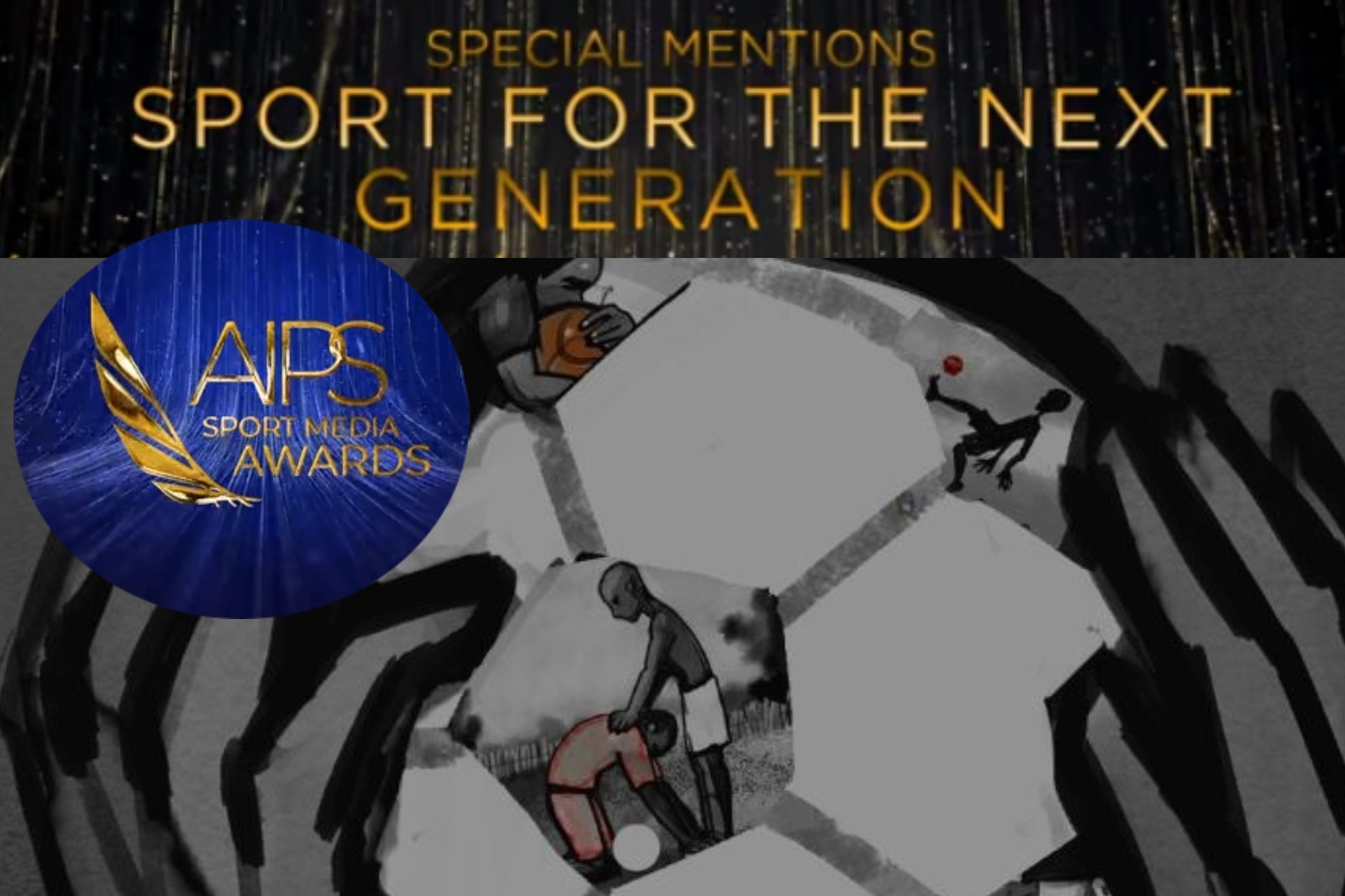 Un montaje con el logotipo de los 'AIPS Awards' y una imagen de 'Niños rescatados por un balón'.