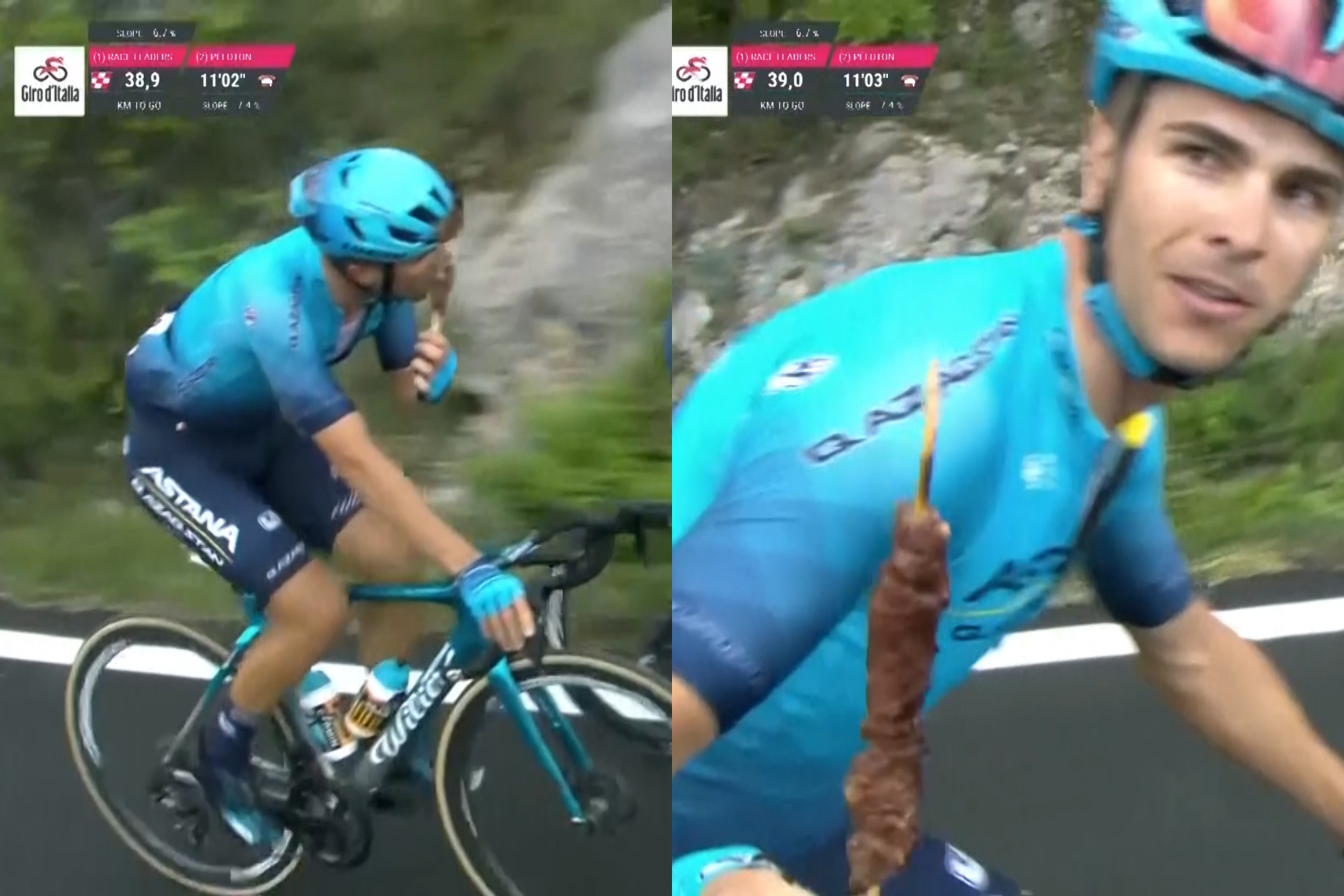 Surrealista momento en el Giro: Un corredor se pone a comer kebab en mitad de la etapa