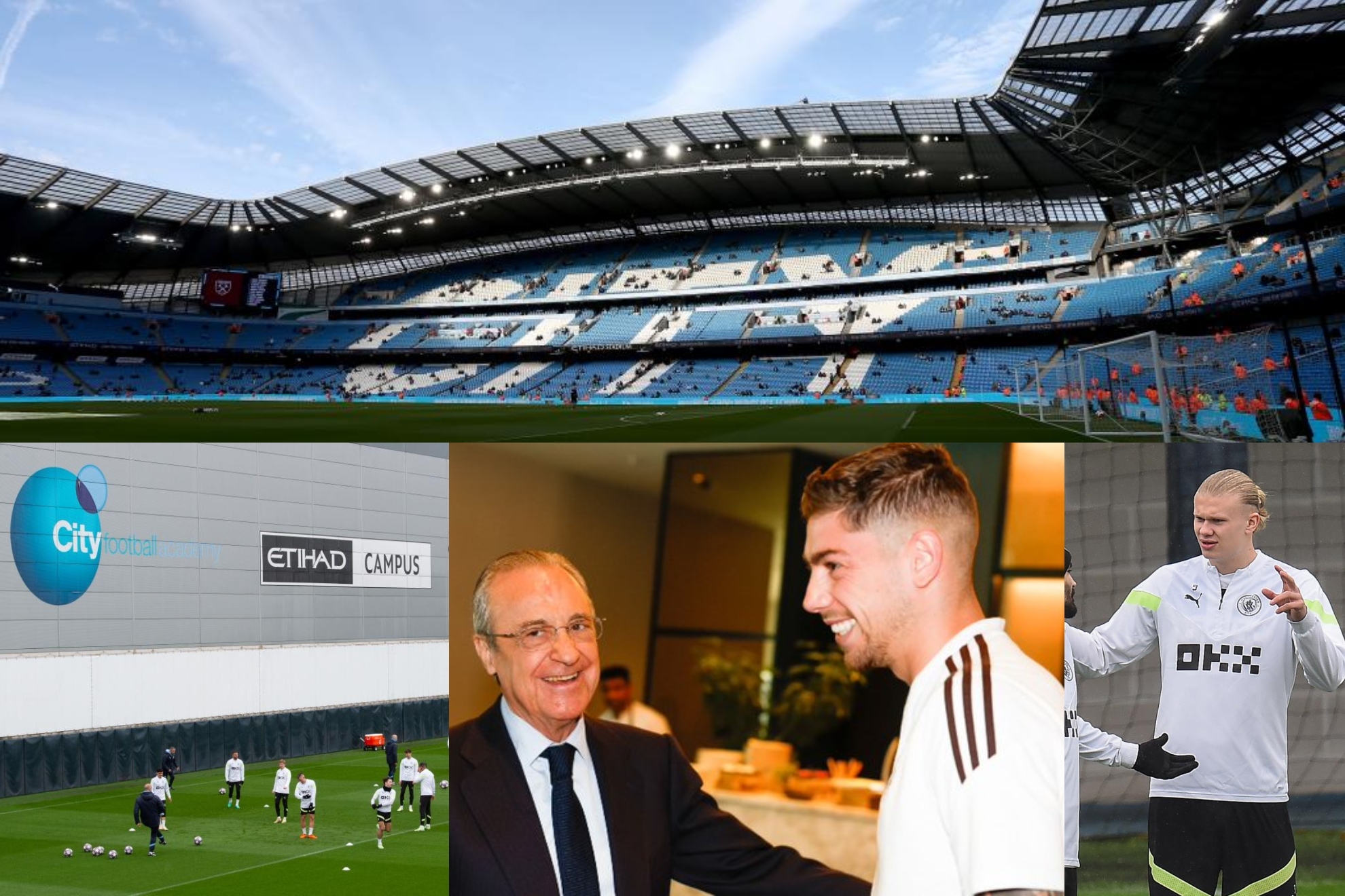 Un montaje con una imagen del estadio y el centro de entrenamiento del City, otra de Florentino y Valverde y una de Haaland.