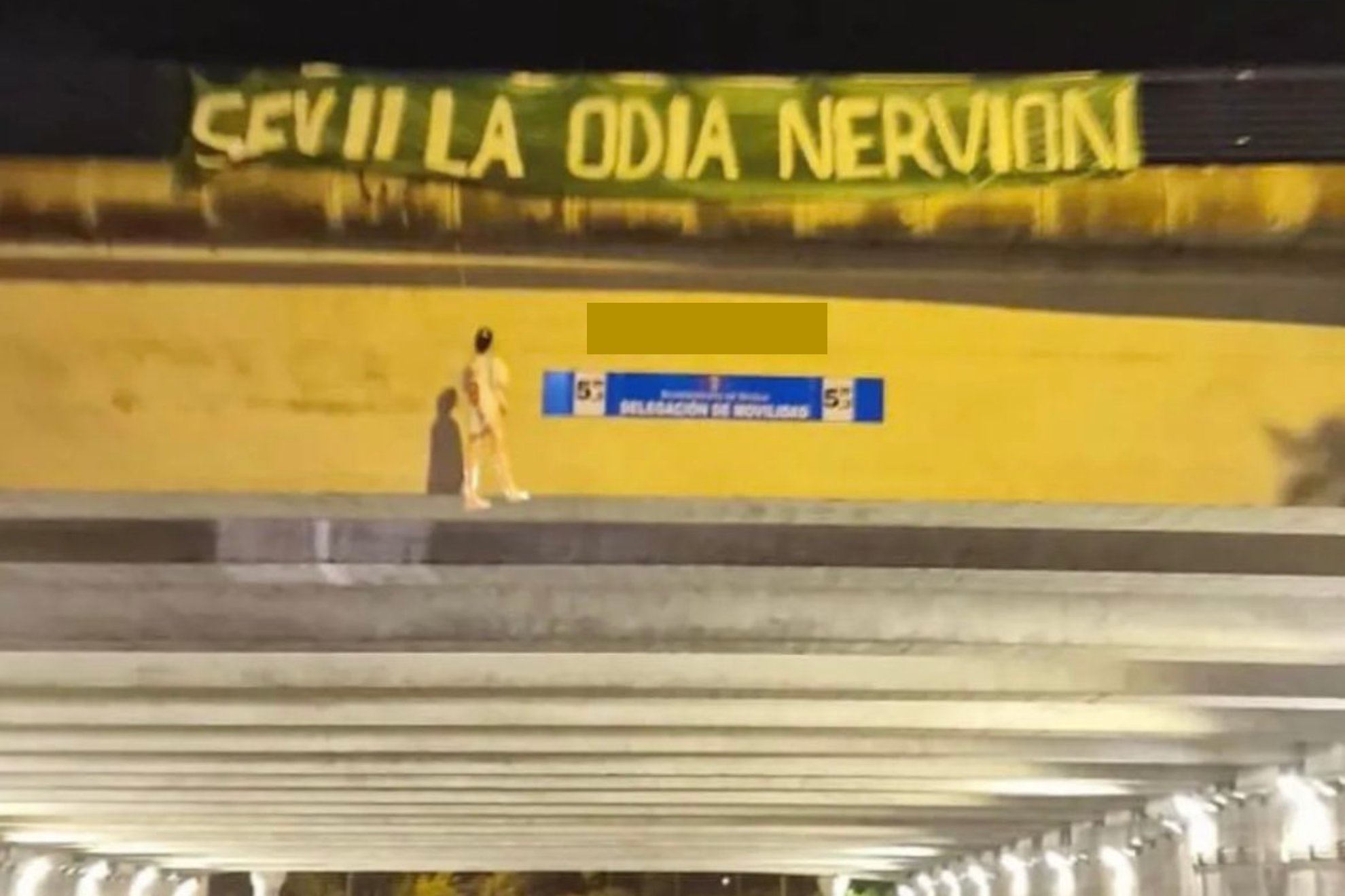 La pancarta con "Sevilla odia Nervi�n" y un mu�eco de Jordan