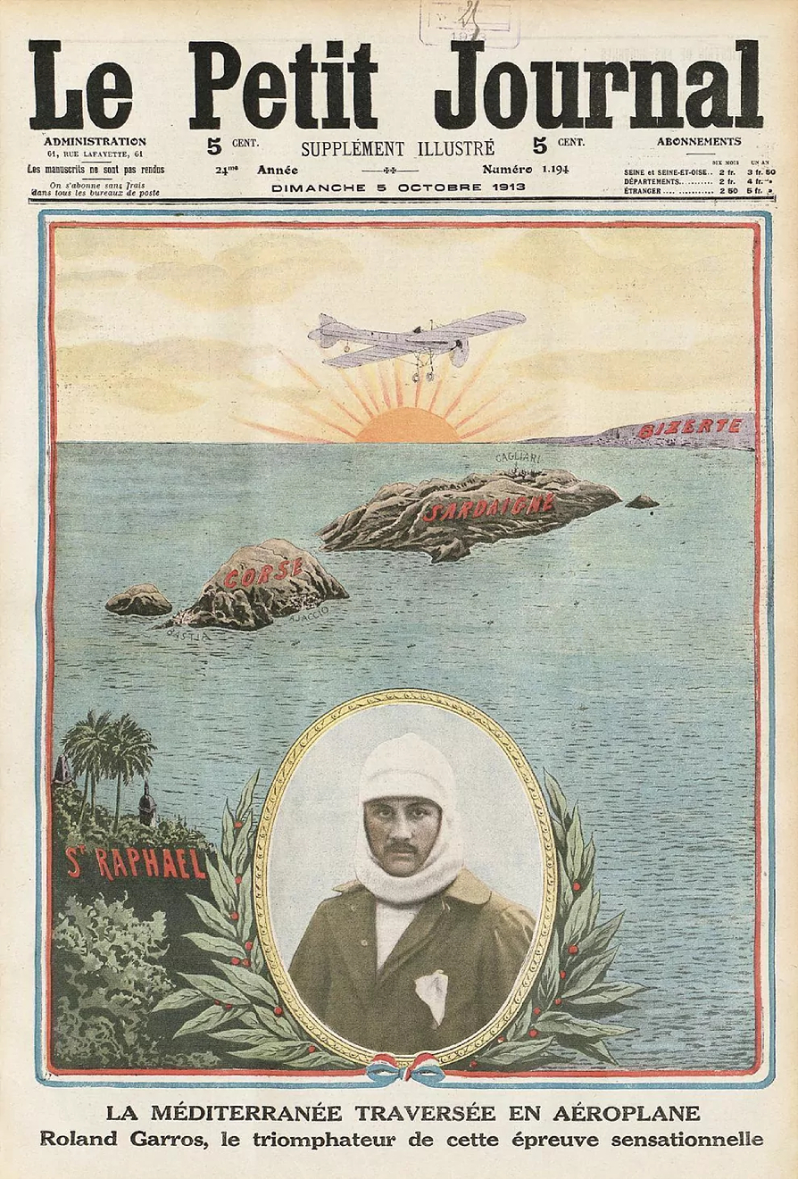 Roland Garros en la portada de 'Le Petit Journal' tras su travesía del Mediterráneo. 1912.