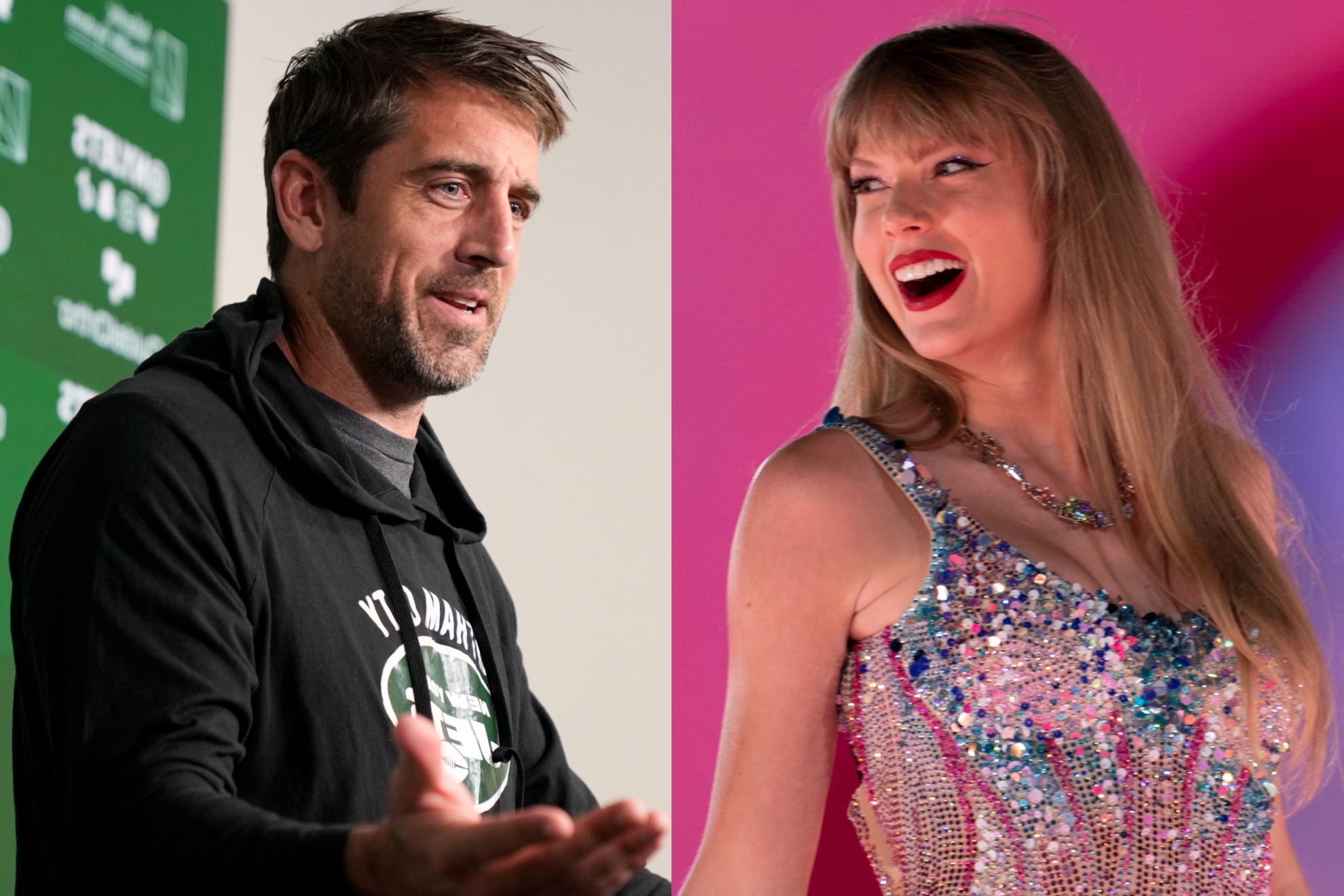 Jets QB Aaron Rodgers (left) is a great fan of singer/songwritter Taylor Swift (right).
