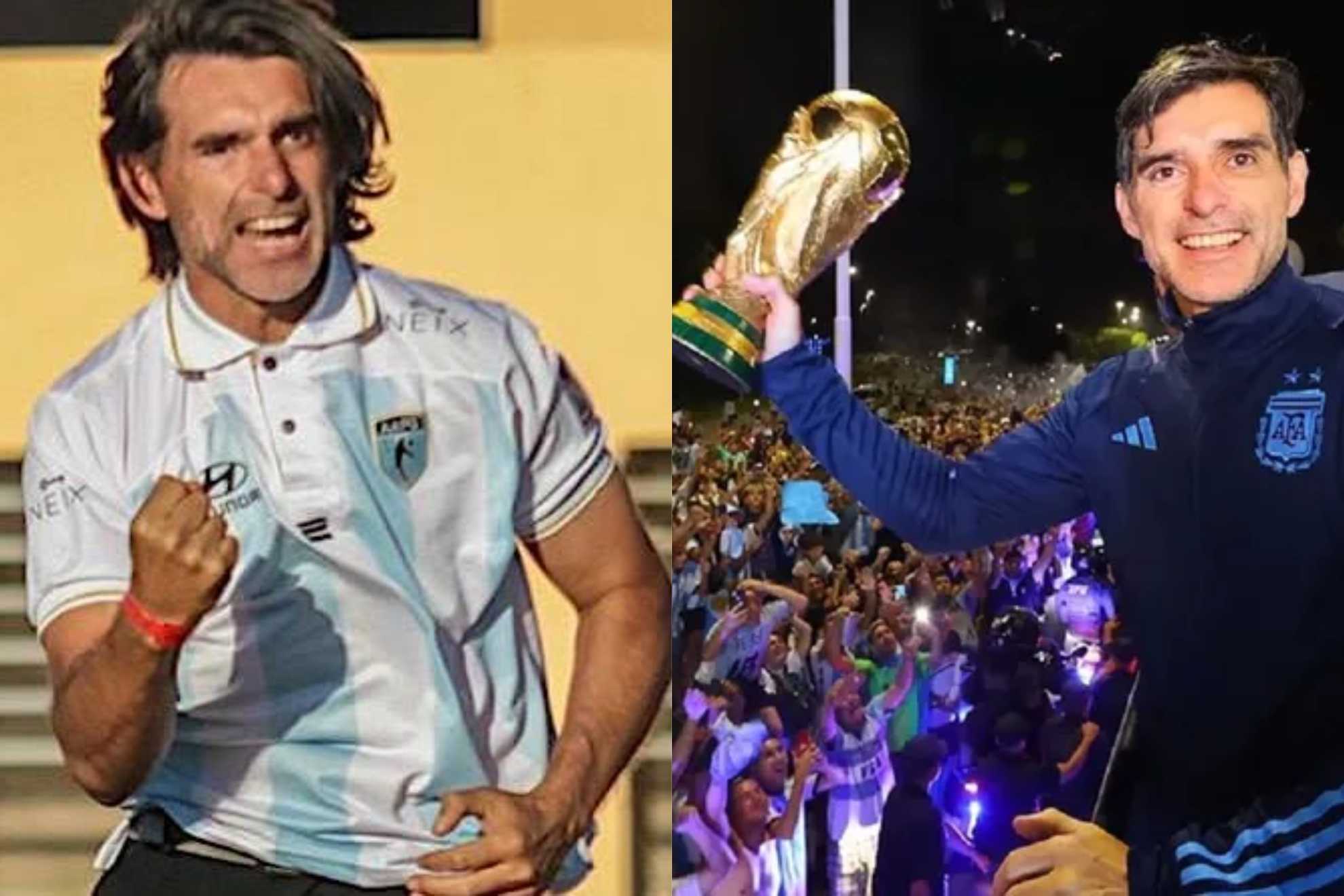 Fabian Ayala (left) celebrating in the 2018 Marrakesh World Cup, (right) with the FIFA World Cup Trophy as part of Argentina's coaching staff in Qatar 2022.