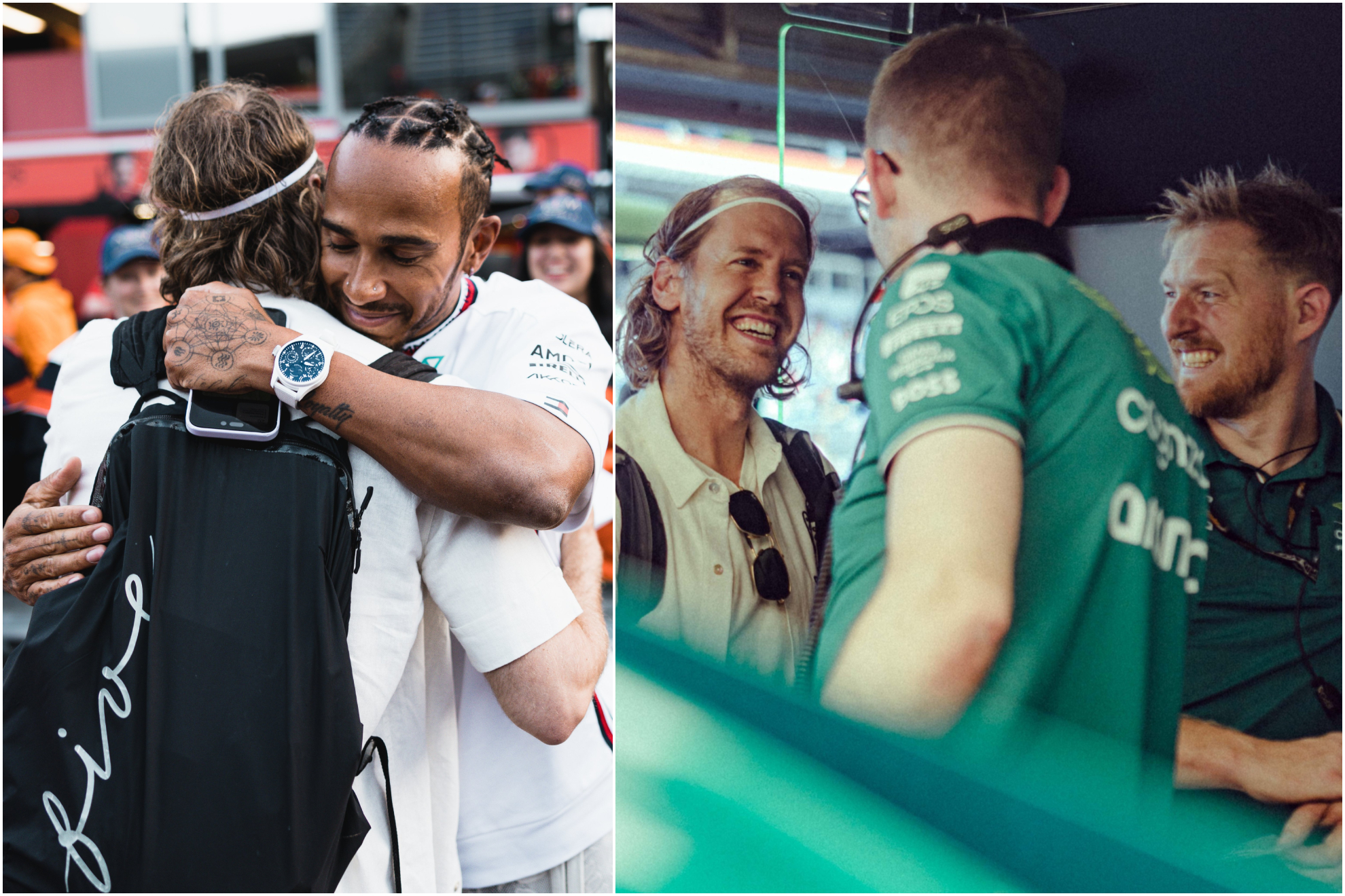 Hamilton abraza a Vettel; y en la otra imagen en el box de Aston Martin.