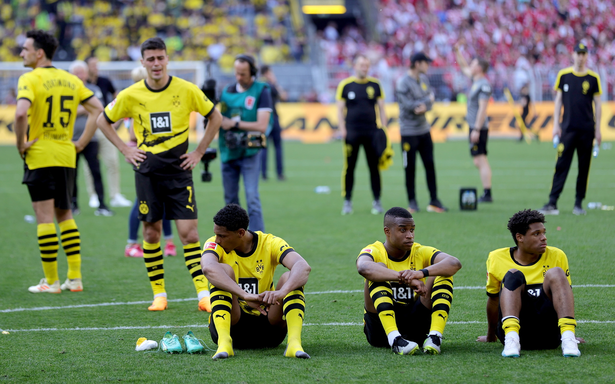 Dejected Dortmund players at the final whistle.