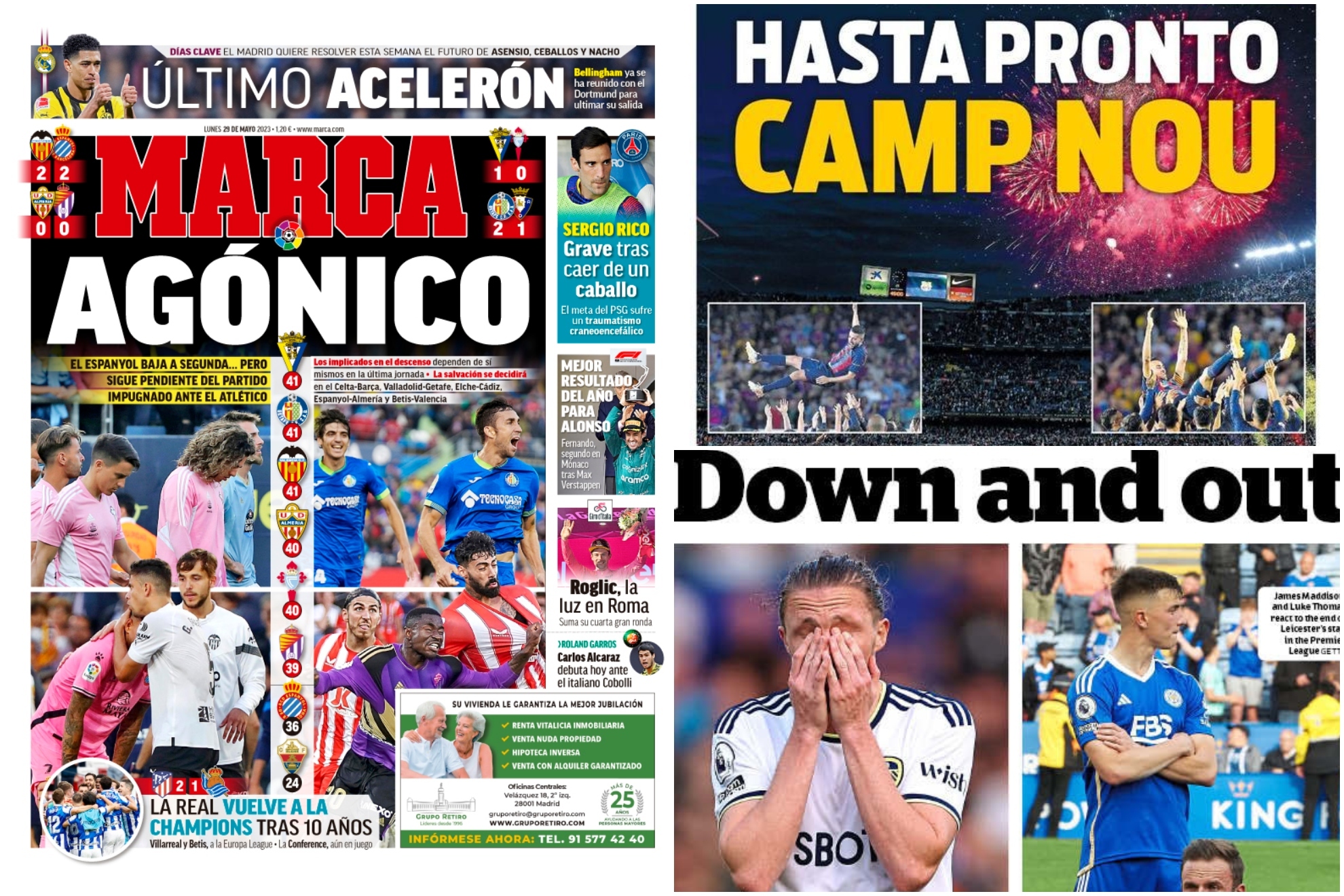 Las portadas del lunes: el agónico descenso y el adiós al Camp Nou
