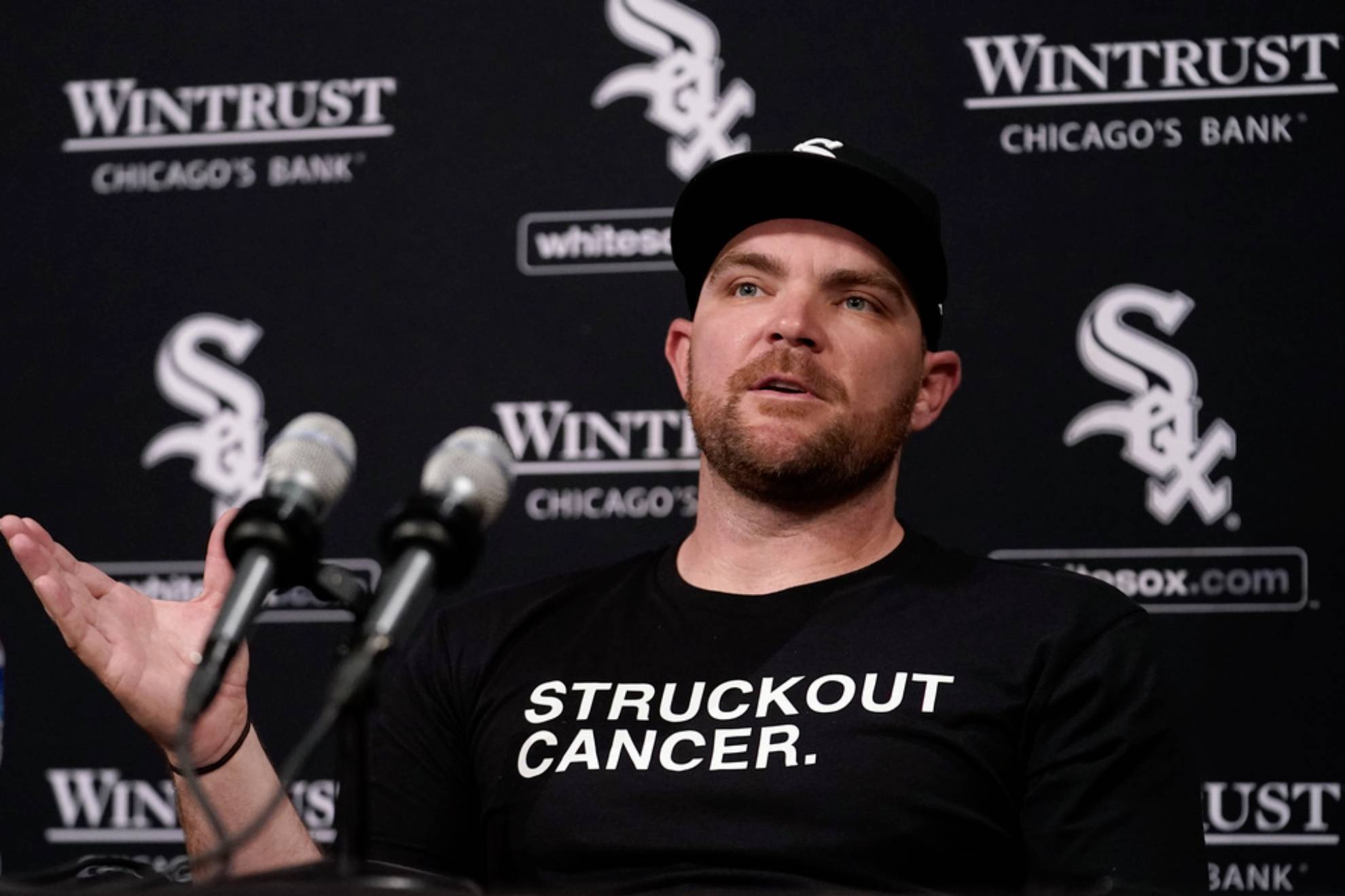 Chicago White Sox's Liam Hendriks talks to reporters before a baseball game between the White Sox and the Minnesota Twins