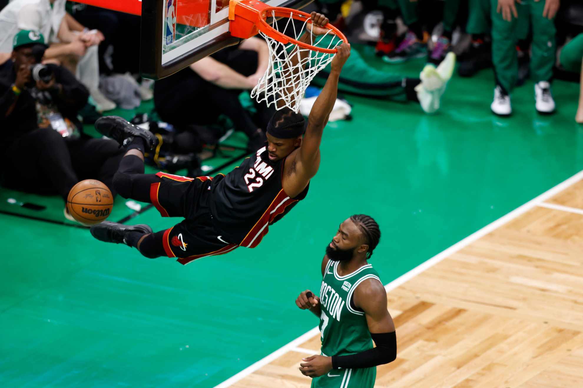 Jimmy Butler dunks over Jaylen Brown in the Heat's win against the Celtics in Game 7 of Eastern Conference finals.