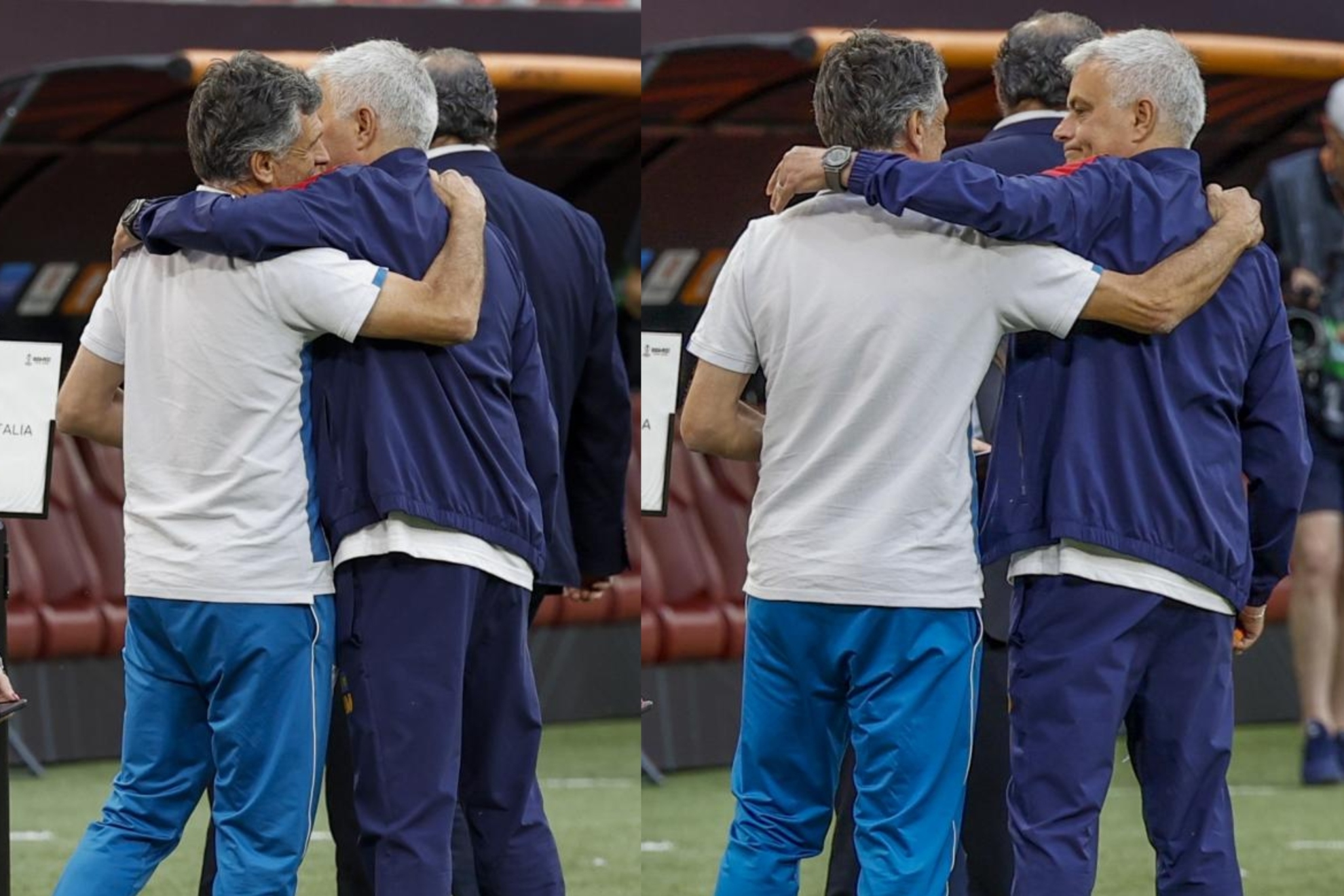 Mendilibar y Mourinho saludándose de forma cariñosa sobre el césped.
