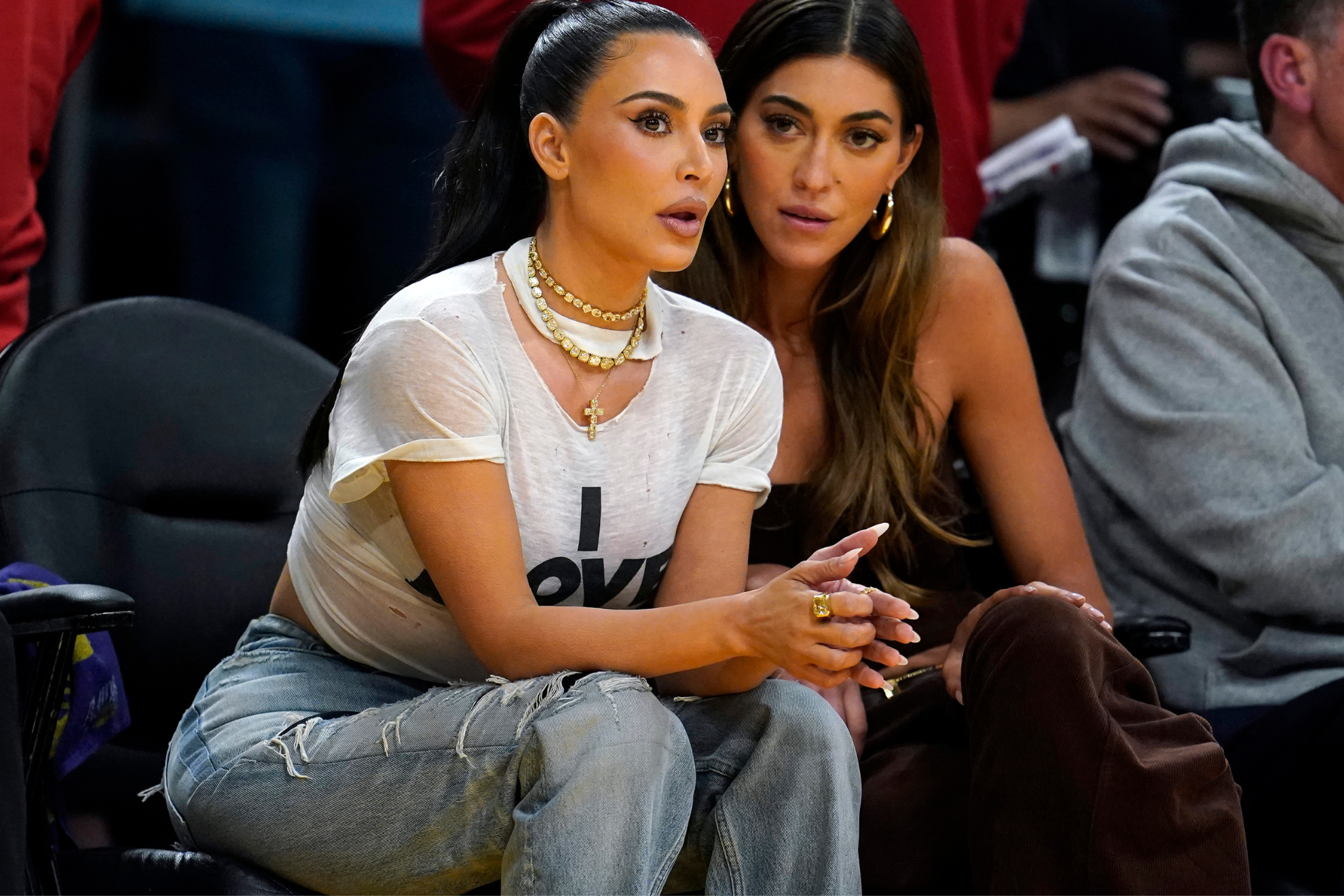 Kim Kardashian seated at a Lakers playoff game.