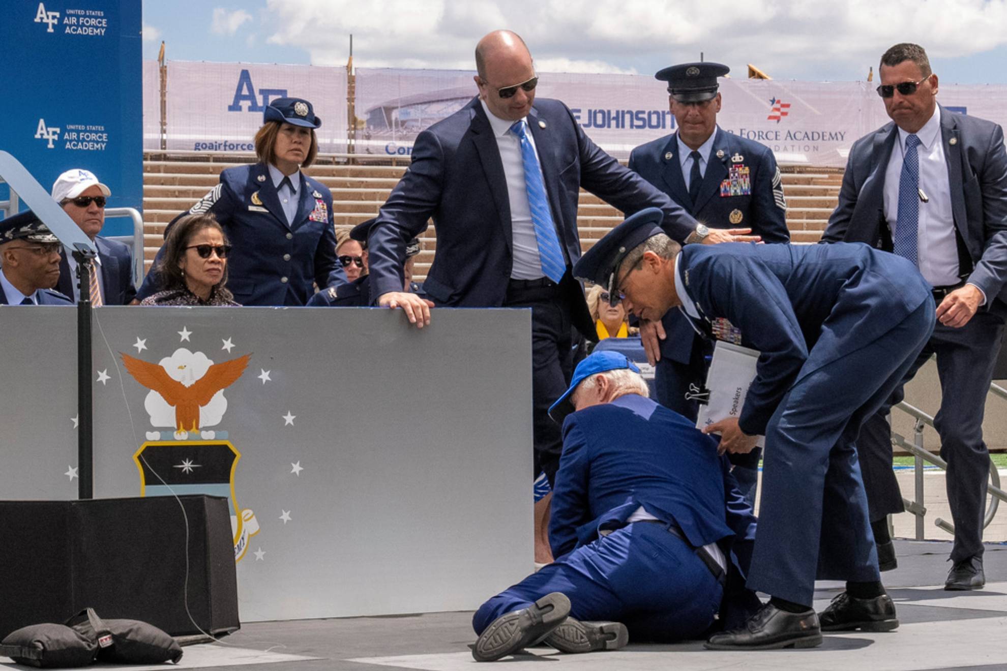 President Joe Biden falls on stage during the 2023 United States Air Force Academy Graduation Ceremony