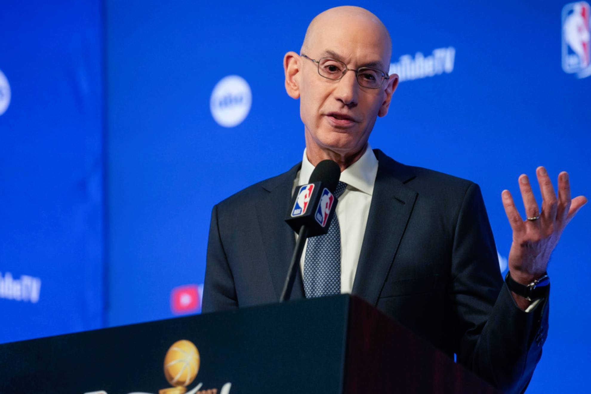 NBA Commissioner Adam Silver speaks to reporters