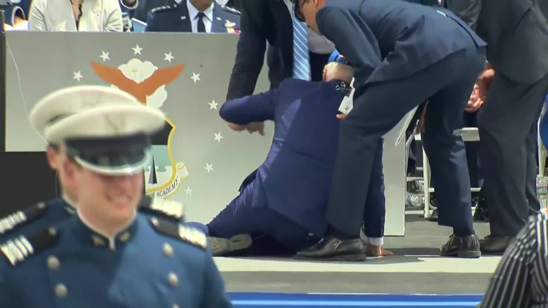 Moments of tension: President Joe Biden tripped and fell on a sandbag