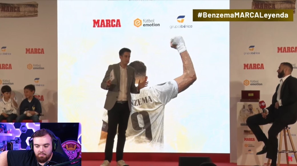 Ibai Llanos reaccionado en directo a la gala del MARCA Leyenda a Kerim Benzema.