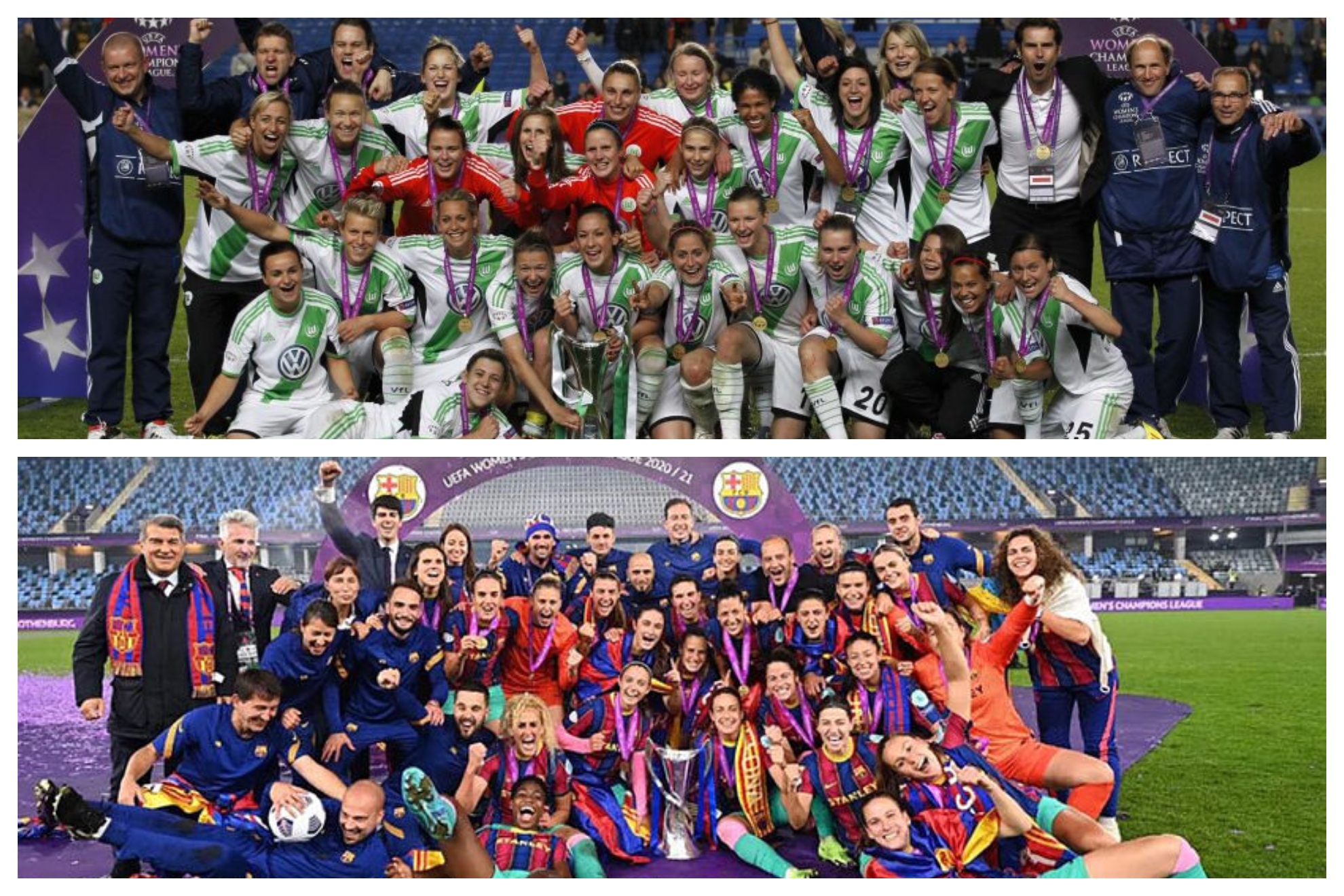 Barcelona y Woflsburgo celebrando el título de la Champions League femenina