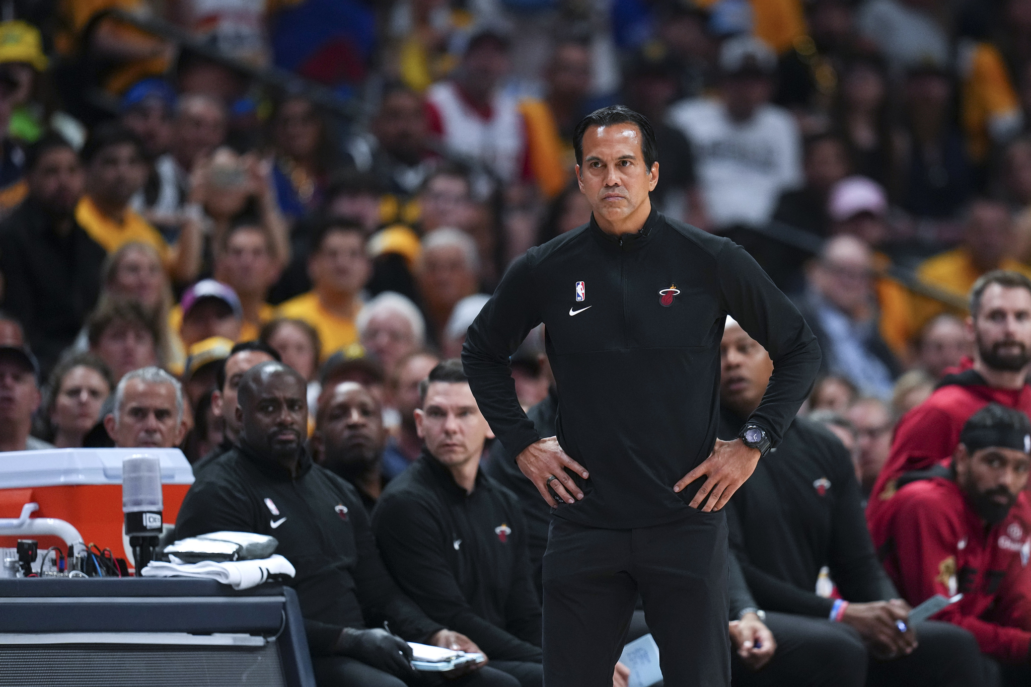 Miami Heat coach Erik  lt;HIT gt;Spoelstra lt;/HIT gt; watches during the first half of Game 1 of the basketball team's NBA Finals against the Denver Nuggets, Thursday, June 1, 2023, in Denver. (AP Photo/Jack Dempsey)