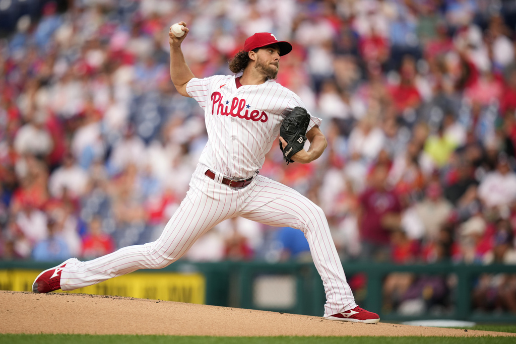 Philadelphia Phillies Aaron Nola pitches during the first inning of a baseball game against the Detroit Tigers, Monday, June 5, 2023, in Philadelphia